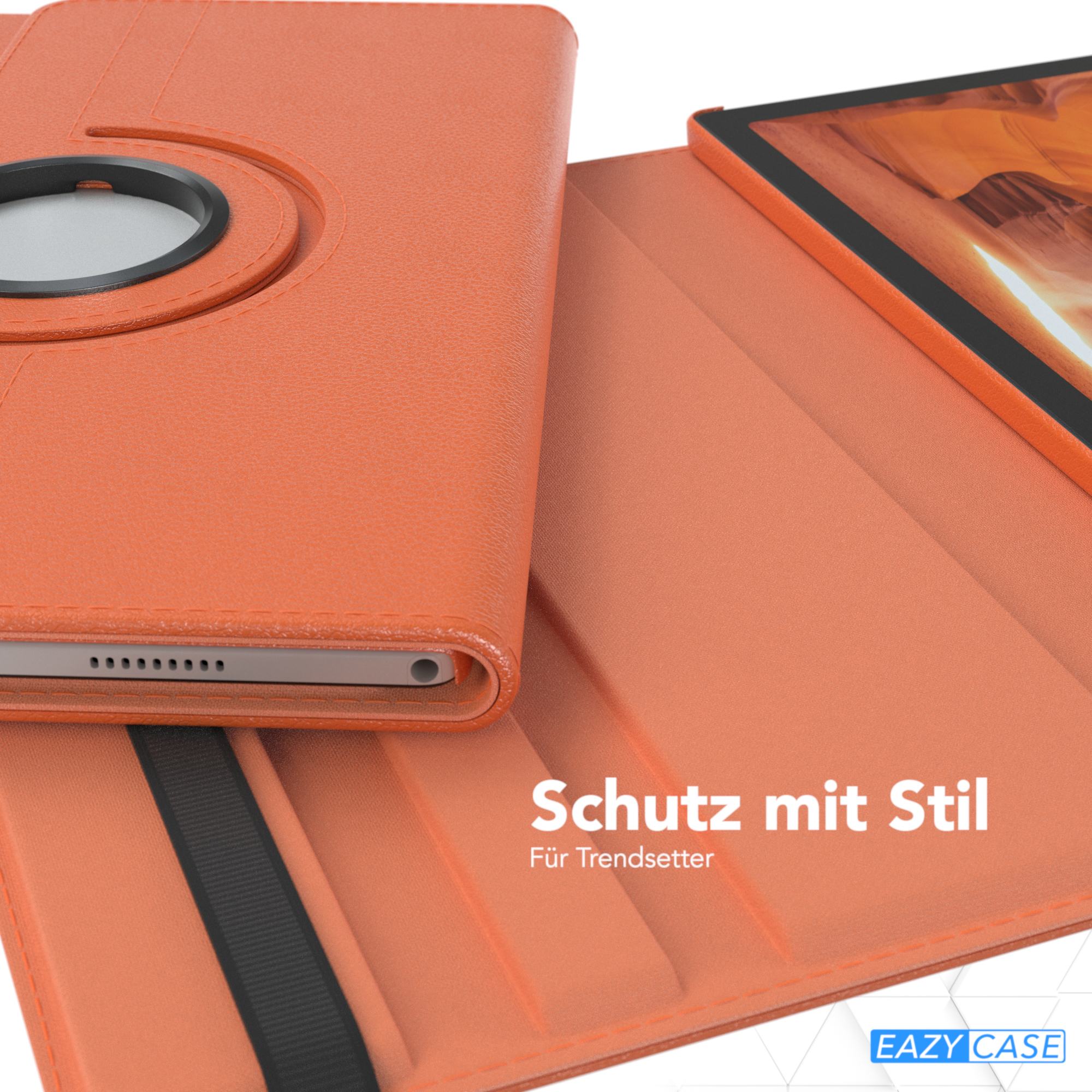 Eine orangefarbene Tablet-Hülle aufgeklappt, die Innenseite zeigend. Der Bildschirm ist sichtbar.