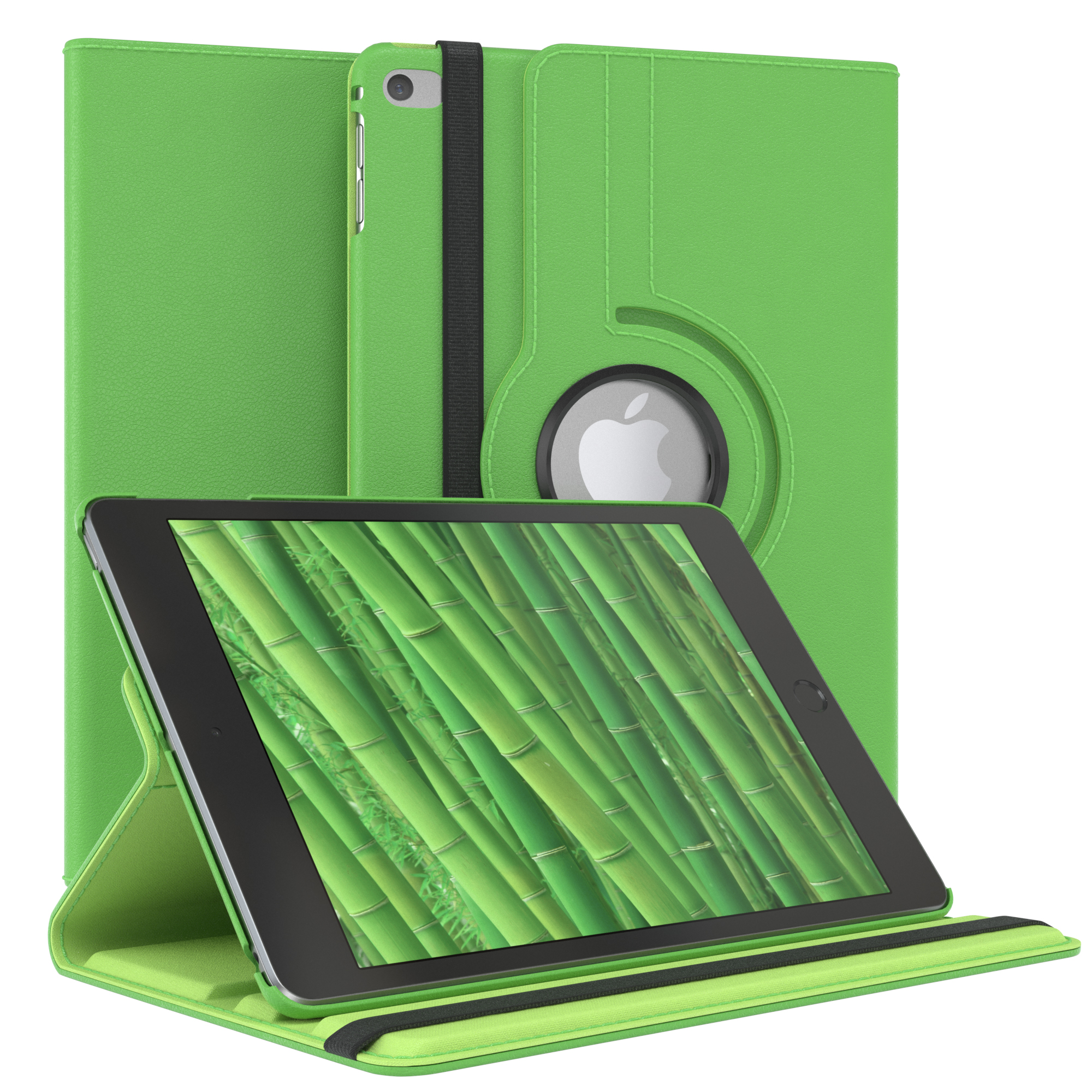 Ein grünes Tablet in einem grünen Gehäuse. Der Bildschirm zeigt eine Bambuswald-Szene.