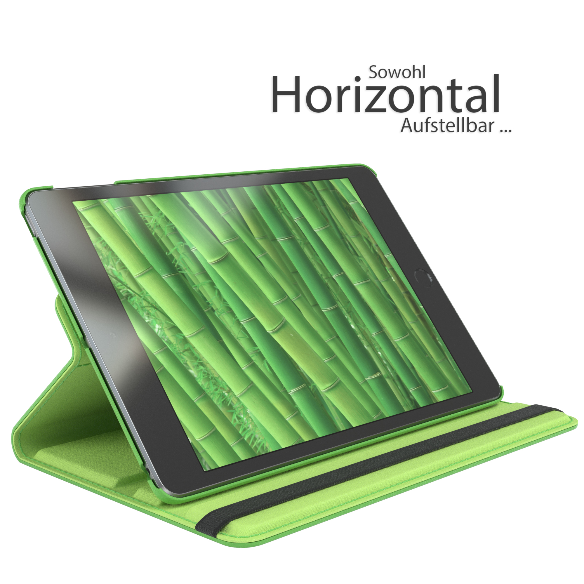 Grüne Tablethülle mit Tablet, auf weißem Hintergrund. Der Bildschirm zeigt einen Bambuswald.