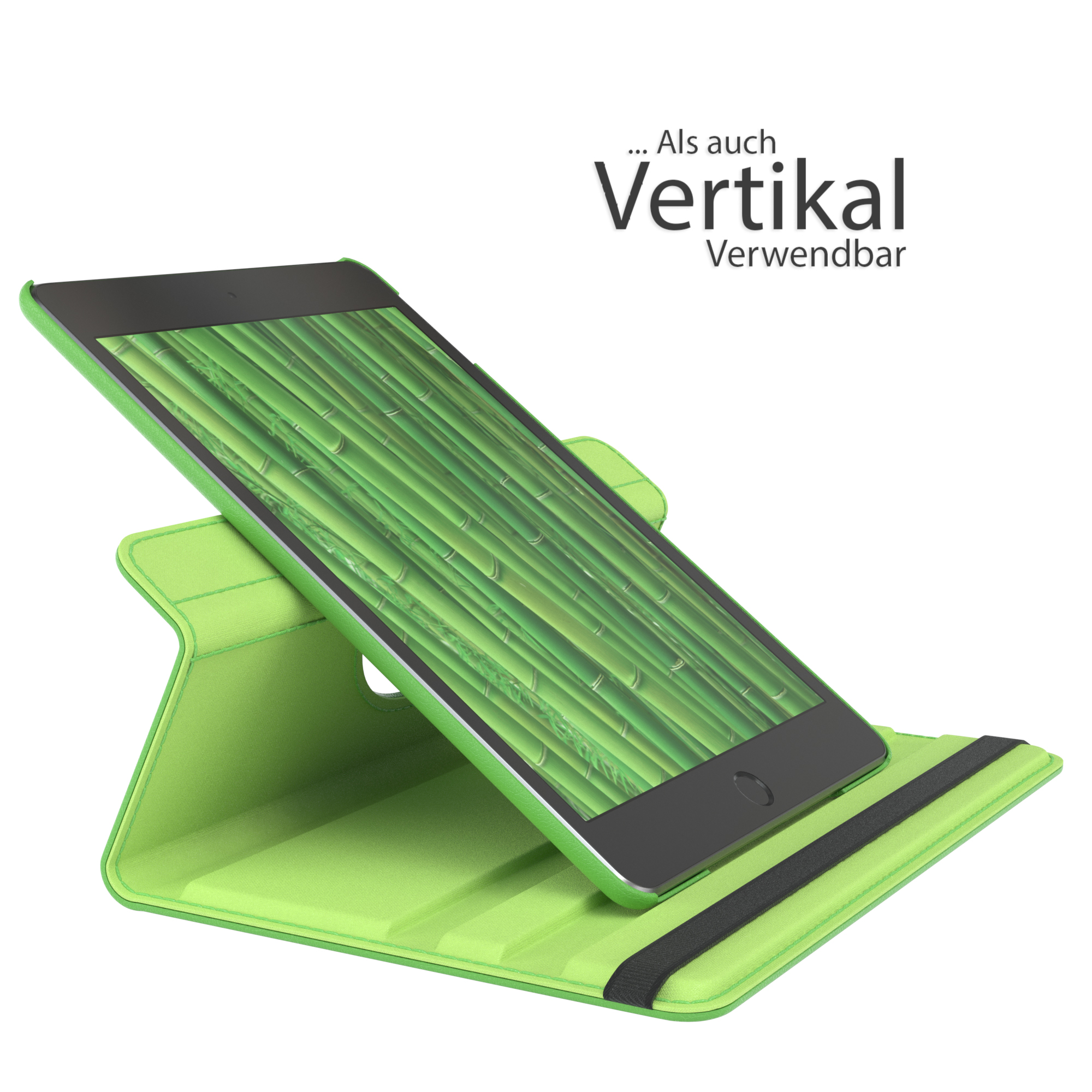 Grünes Tablet in einem grünen Ständer mit Bambushintergrund.