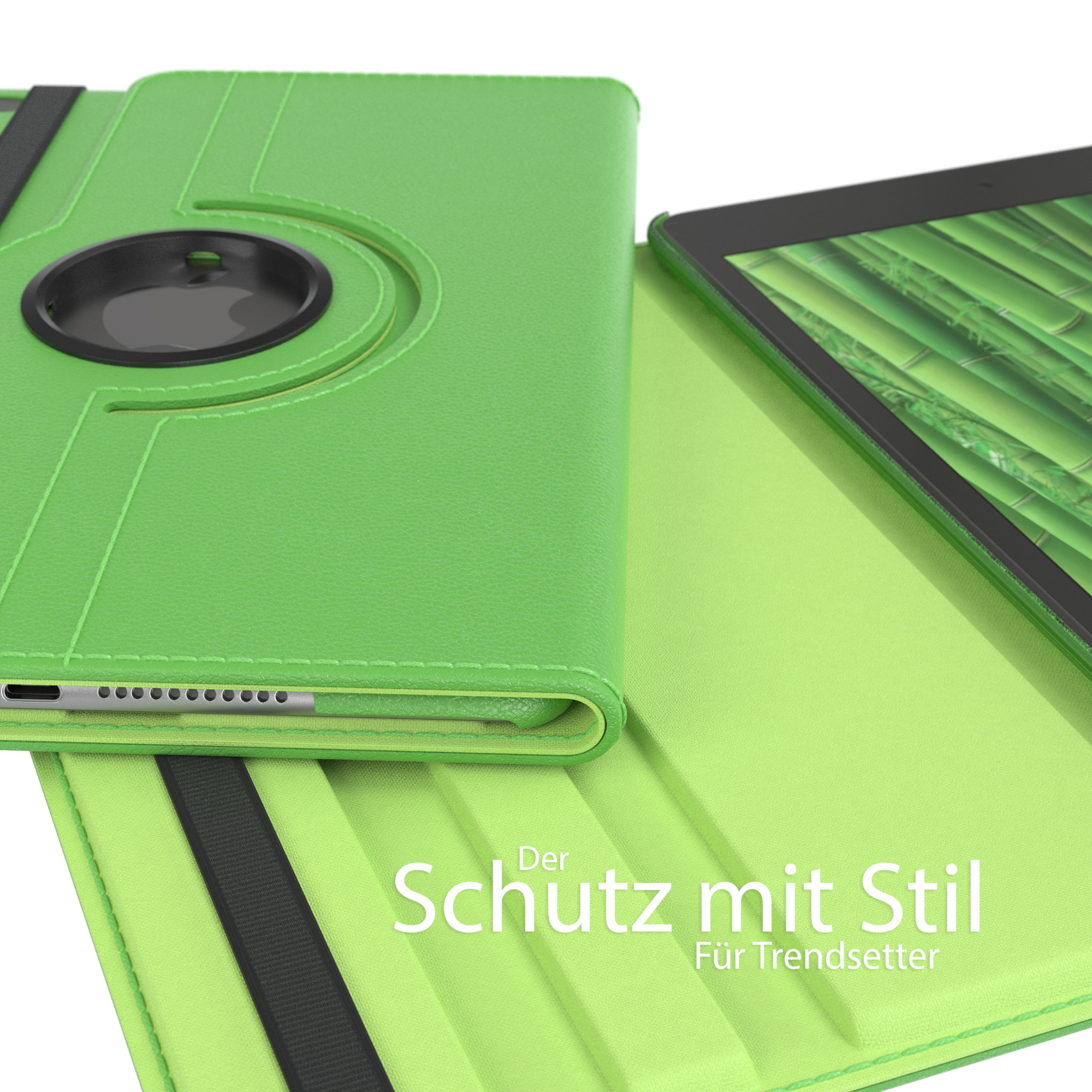 Grüne Tablethülle mit einem Tablet. Text: Schutz mit Stil, Für Trendsetter. Schwarzer Riemen und grüne Hülle.