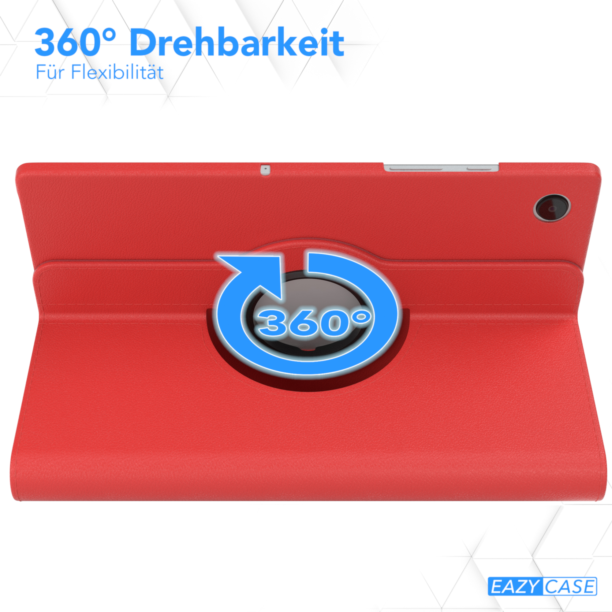 Rote Tablet-Hülle mit schwarzem Stift. 360° Rotationsgrafik. Weißer Hintergrund.