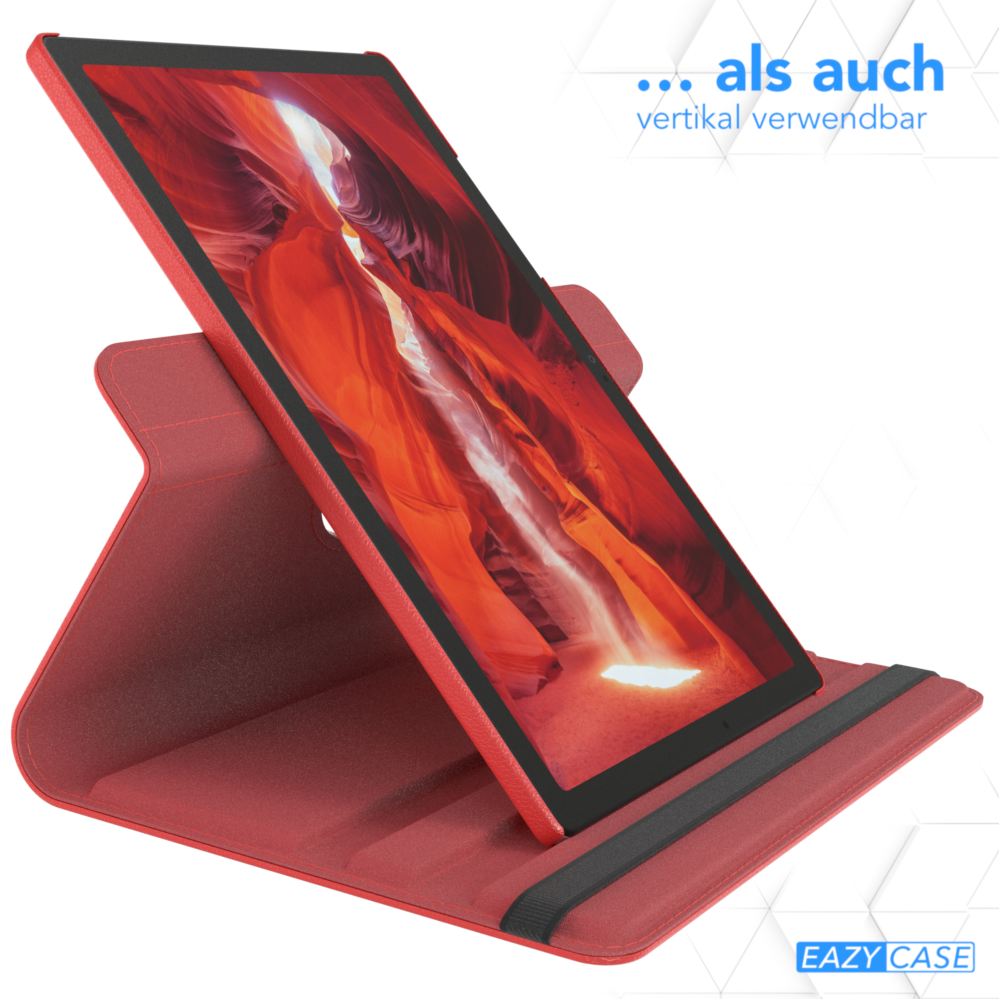 Eine rote Tablethülle mit einem schwarzen Tablet darin. Die Hülle ist geöffnet und aufrecht.