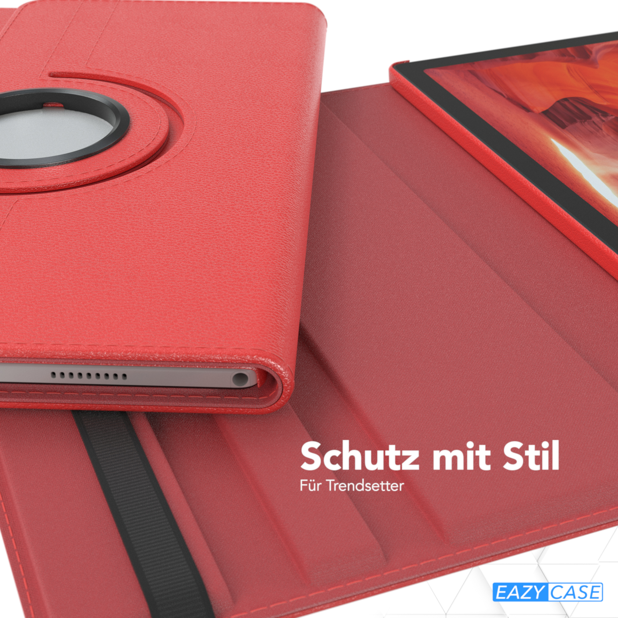 Rote Tablet-Hülle offen, mit Text 'Schutz mit Stil'. Tablet ist darin.