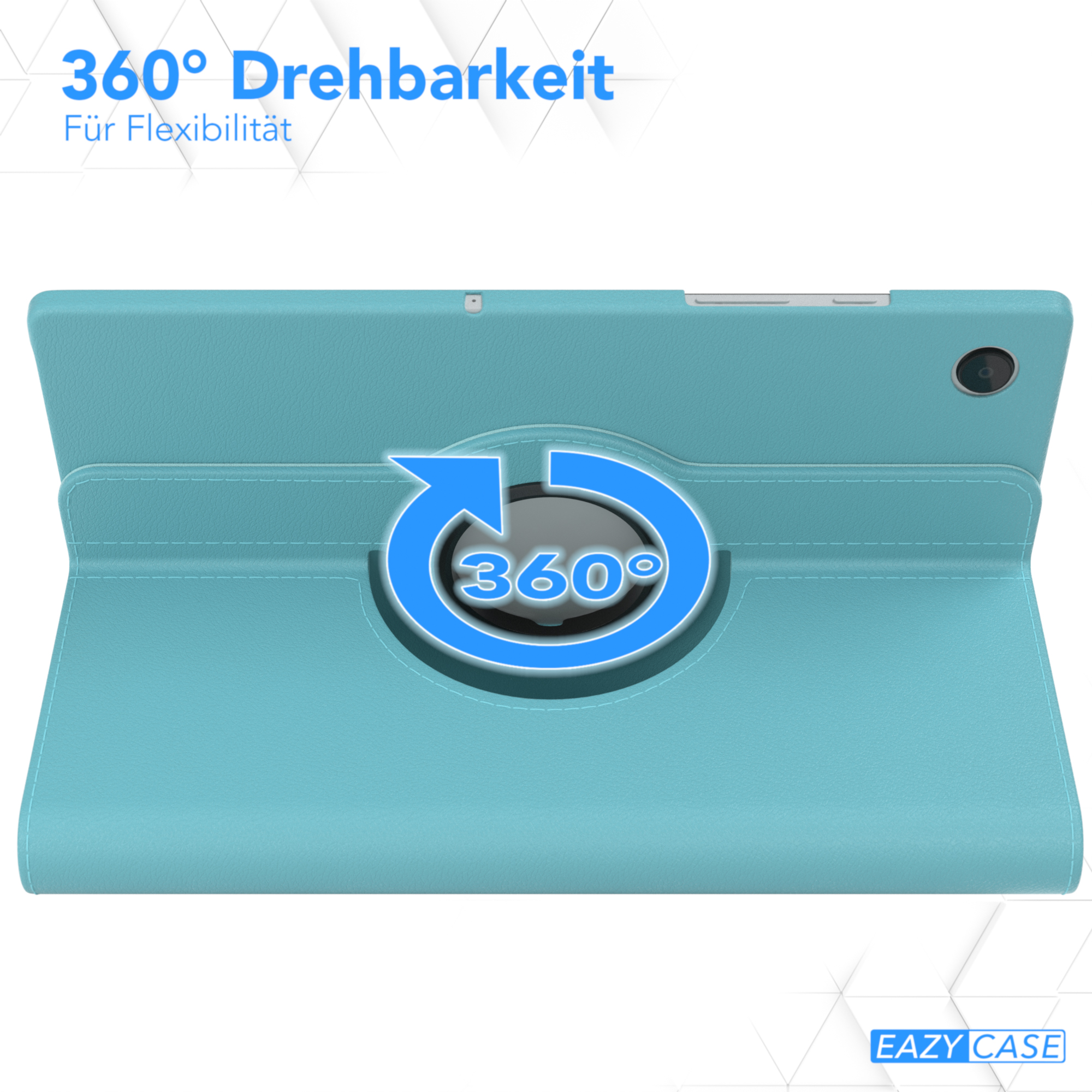 Hellblaue Tablethülle mit Drehscharnier und 360°-Pfeilgrafik. Logo: EAZY CASE.
