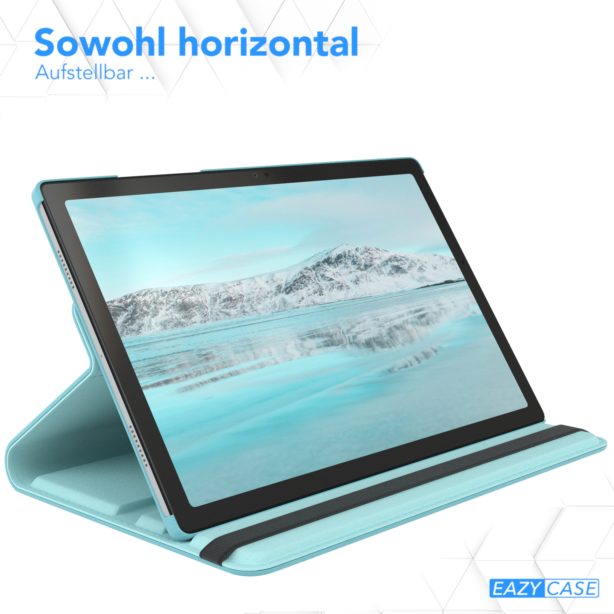 Ein Tablet in hellblauer Hülle, aufgestellt. Text: 'Sowohl horizontal'.