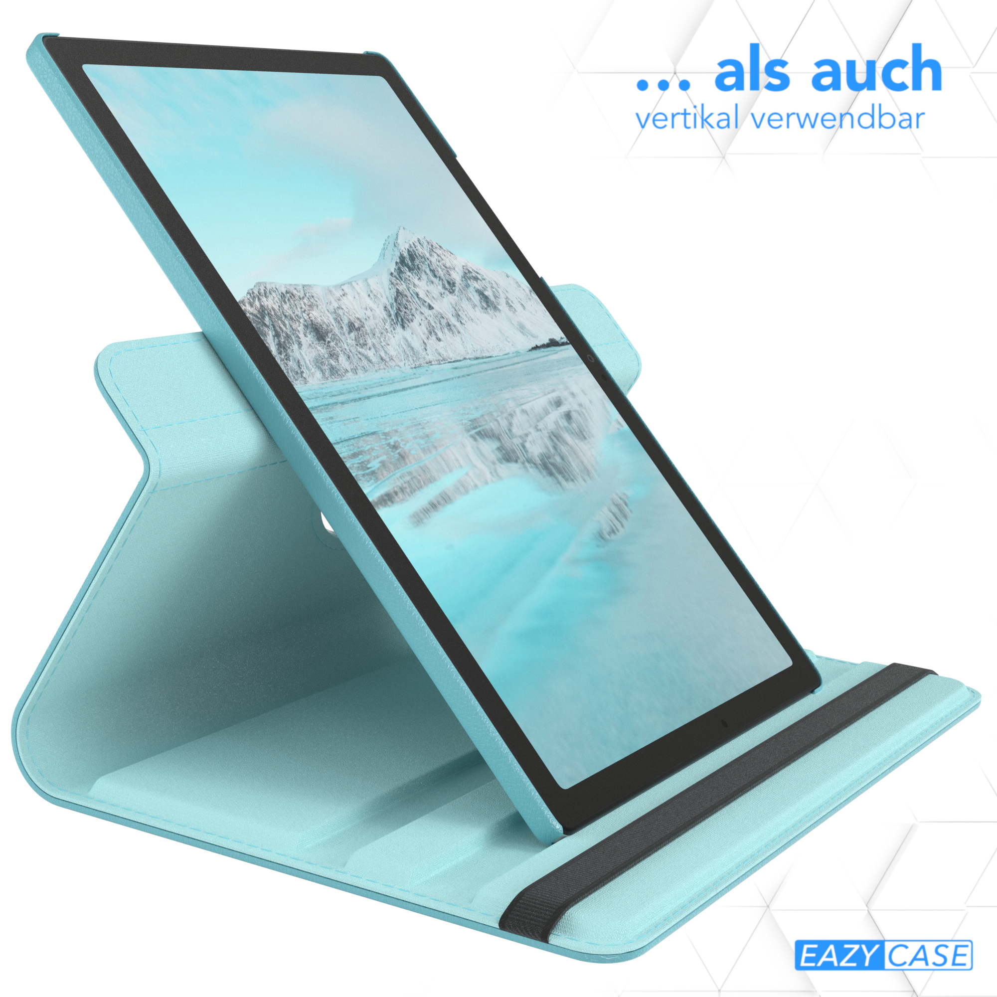 Hellblaue Tablethülle mit Tablet im Ständer, Szene zeigend.