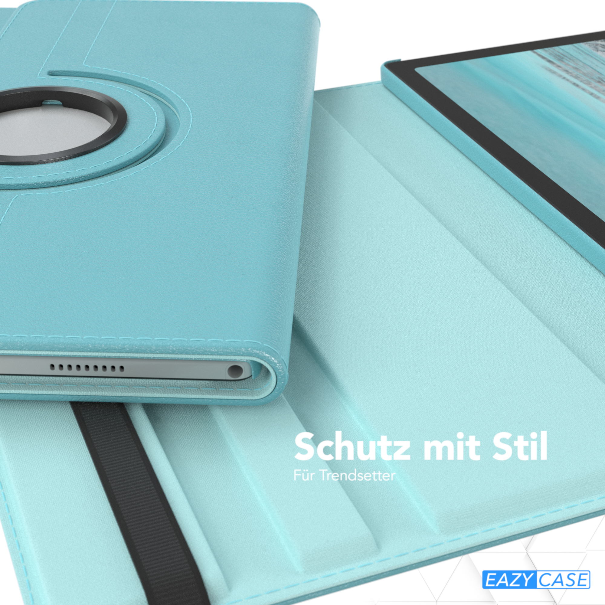 Blaue Tablethülle mit Tablet, zeigt eine 360-Grad-Drehfunktion.