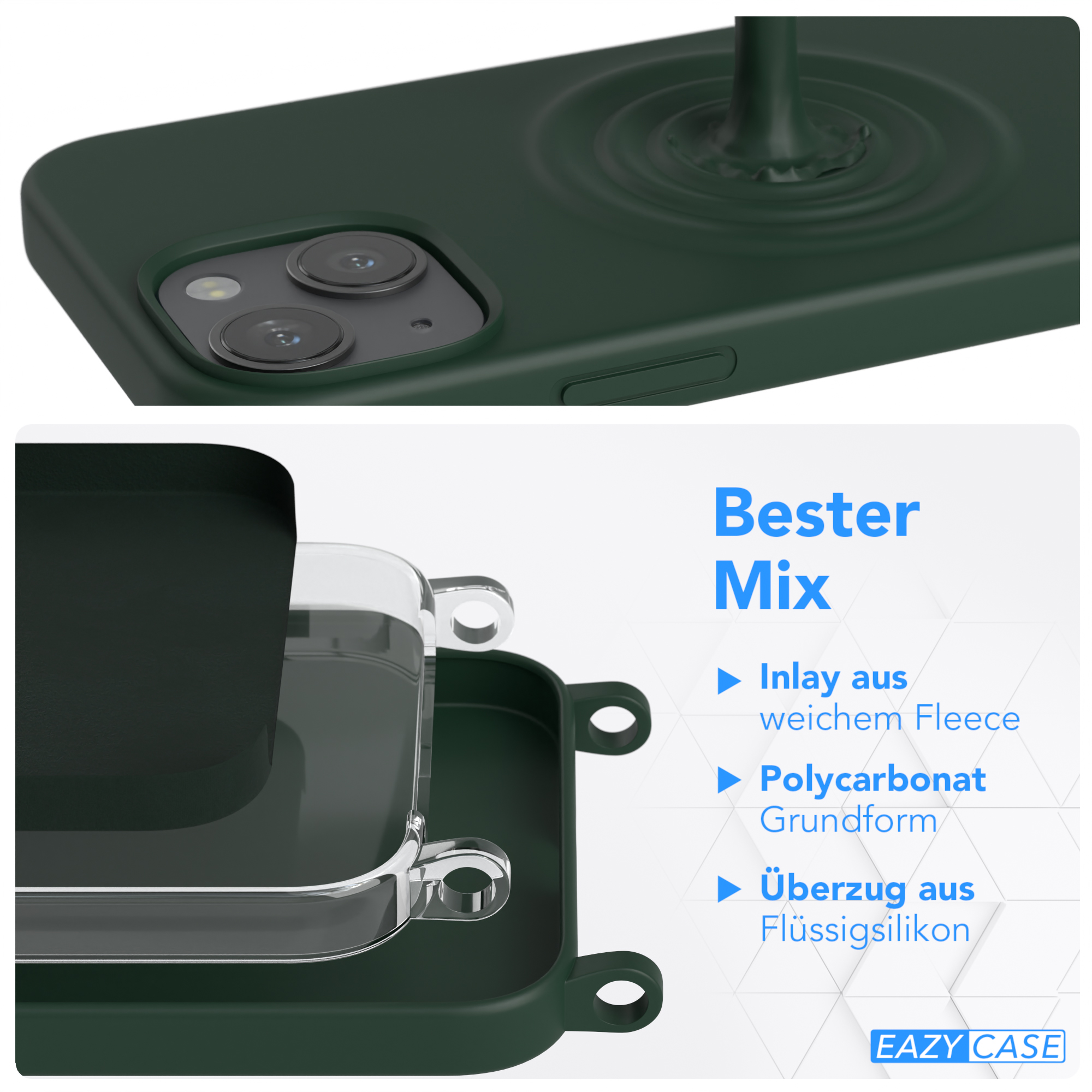 Handyhüllen-Schichten: Fleece-Inlay, Polycarbonat-Basis und Silikonbeschichtung.