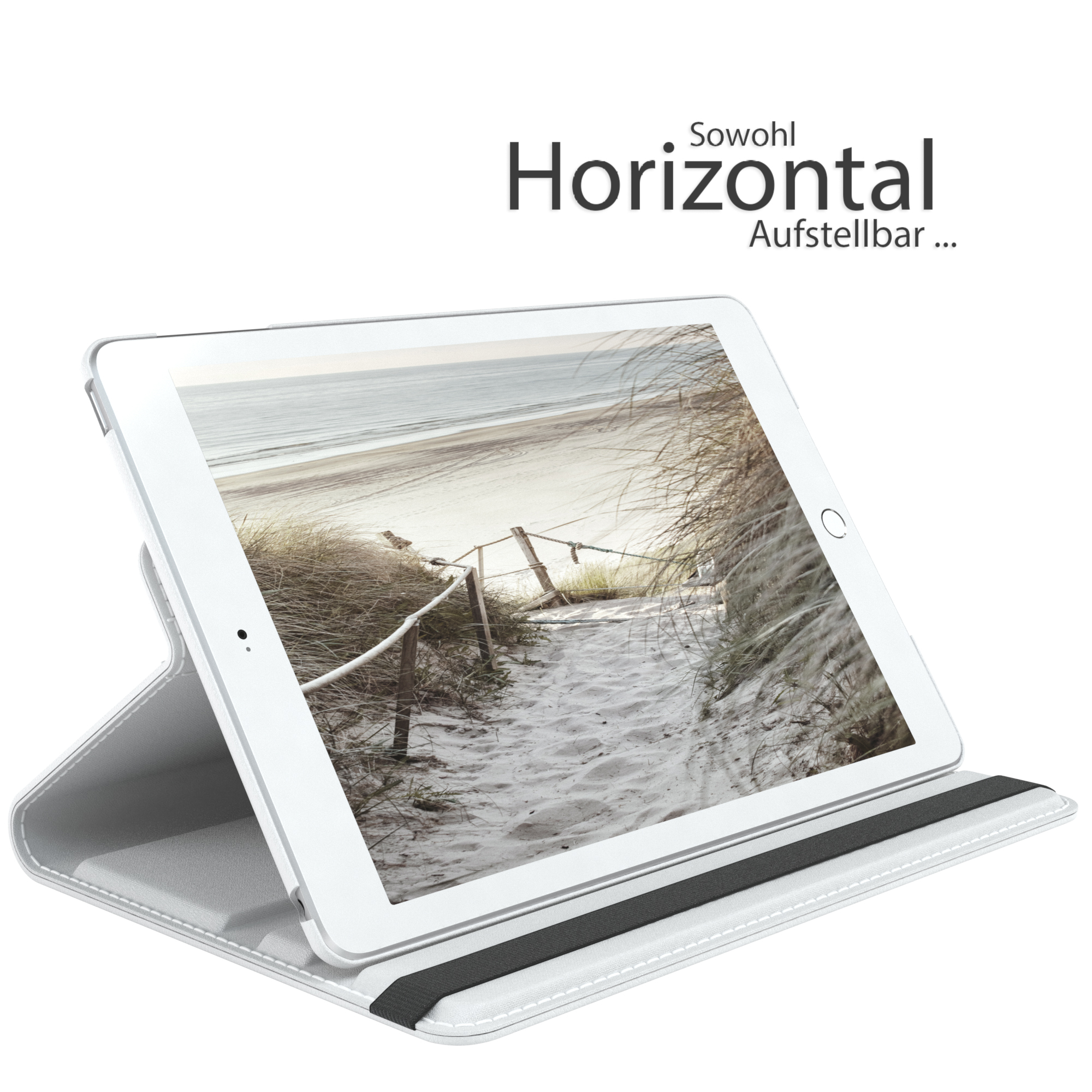 Weißes Tablet auf weißem Gehäuse, zeigt eine Strandszene. Text oben.