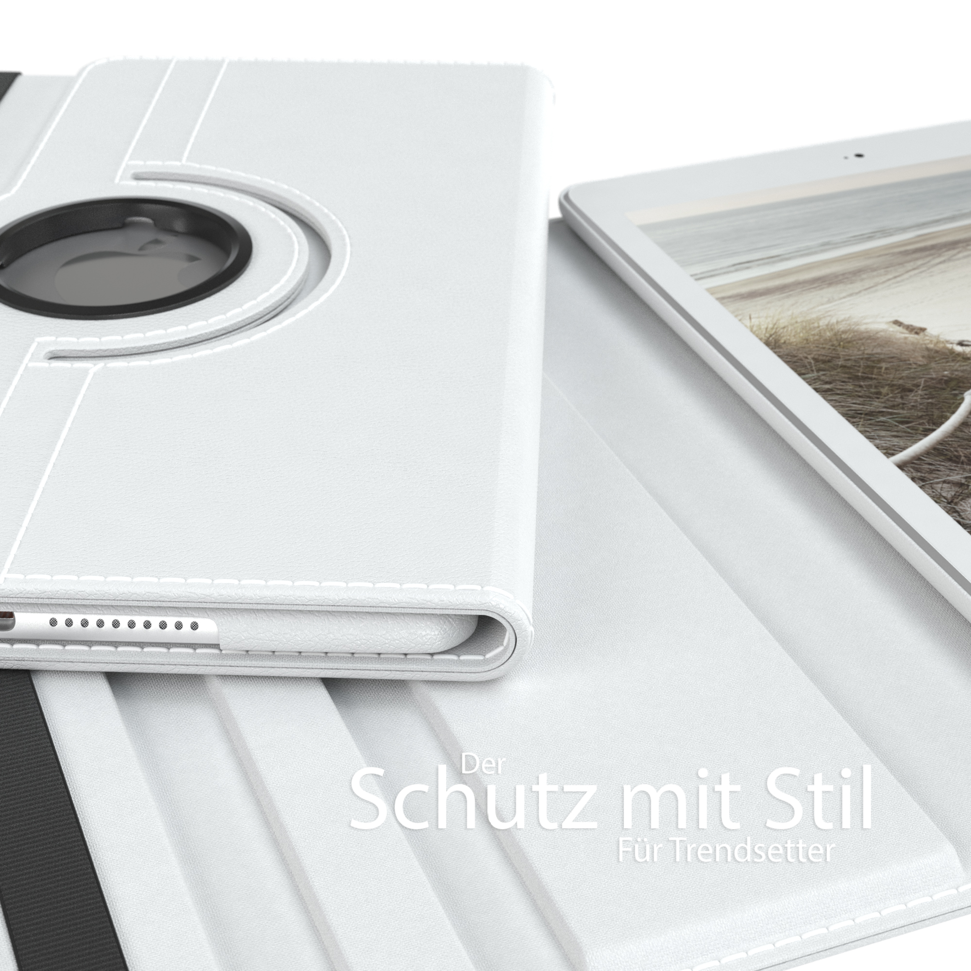 Weiße Tablet-Hülle mit Schwenkdesign, ein Tablet-Bildschirm ist leicht sichtbar.