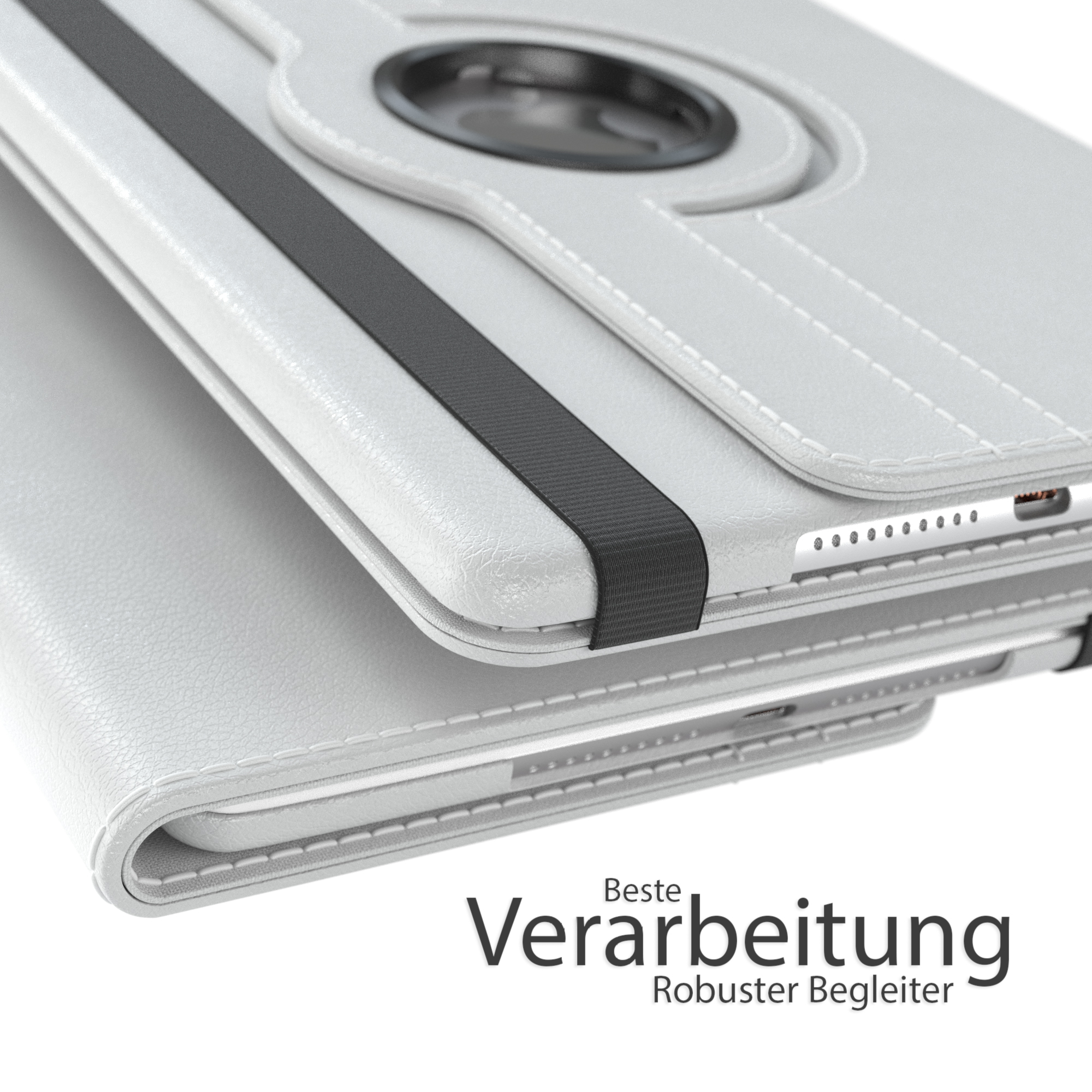 Eine hellgraue Tablethülle ist geöffnet und zeigt die Innenseite. Ein Tablet ist teilweise sichtbar.