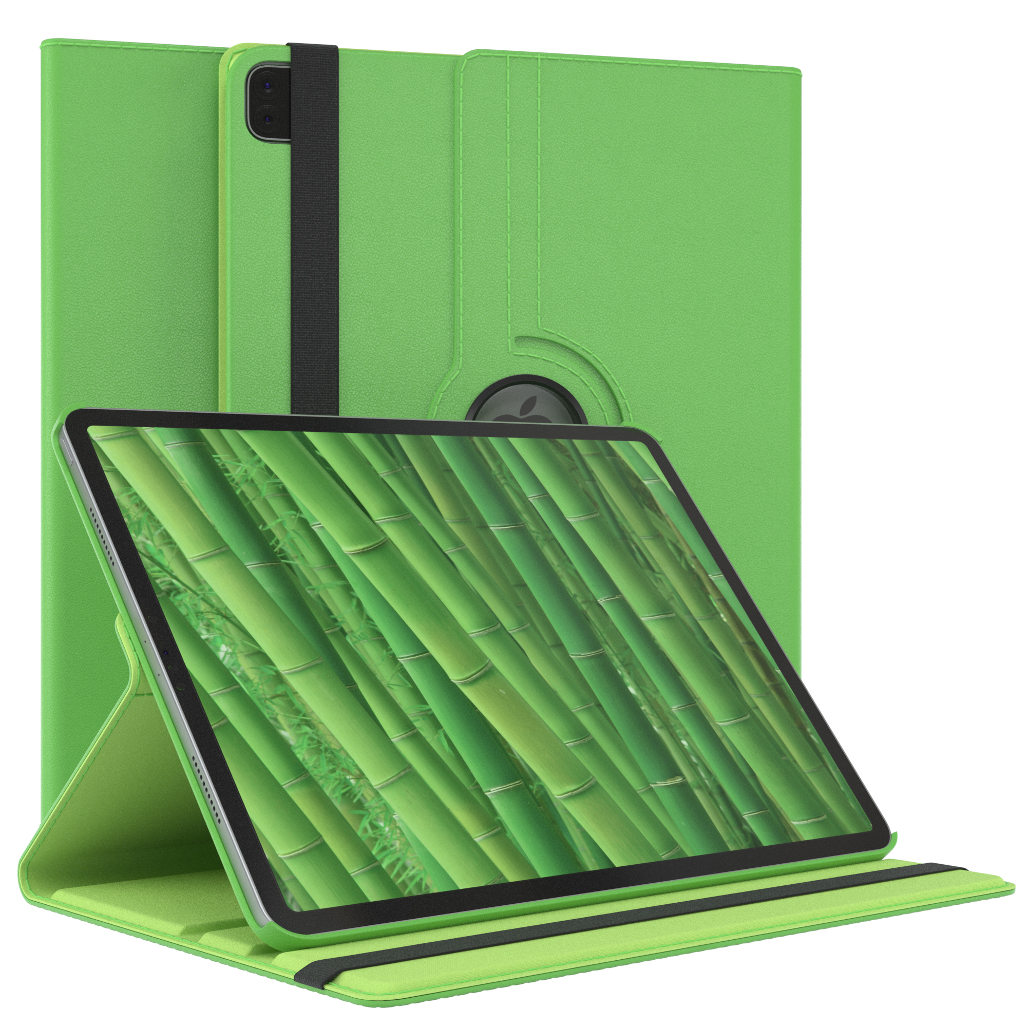 Grüne Tablethülle mit einem Tablet darin. Bambusmuster auf dem Bildschirm.