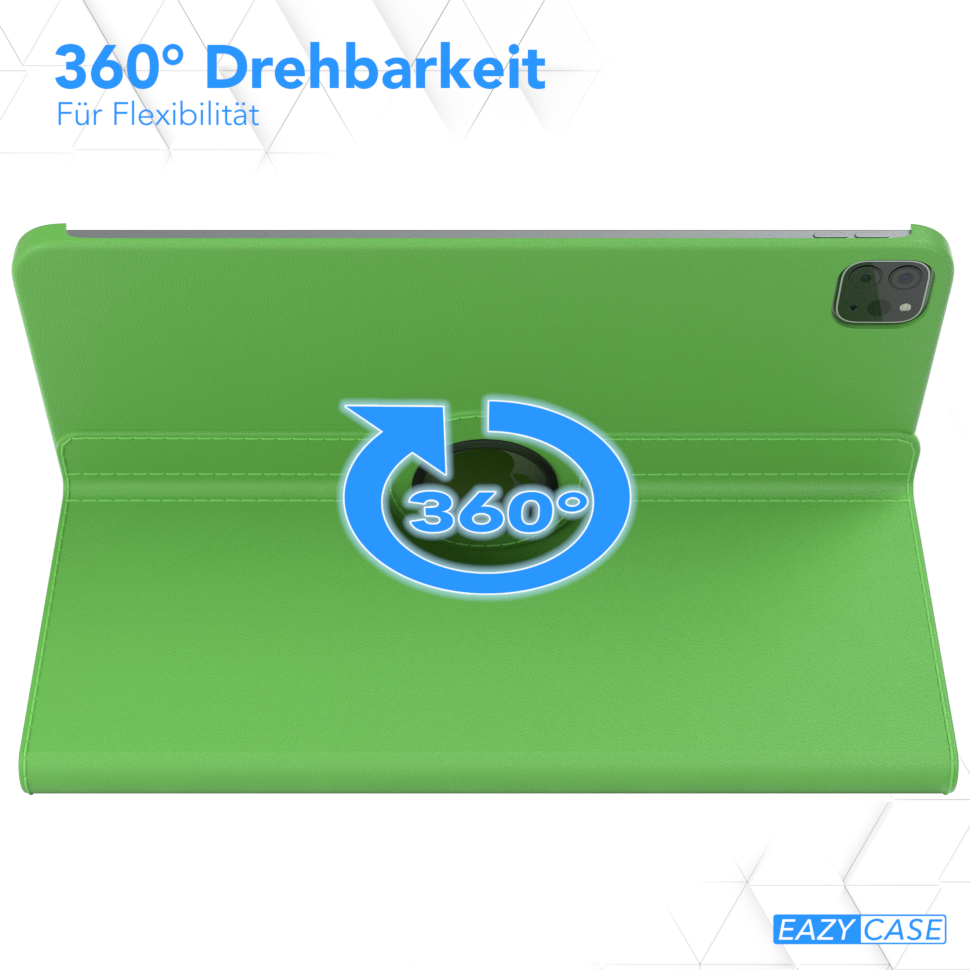 Eine grüne Tablethülle mit Drehfunktion ist geöffnet, mit einer 360-Grad-Pfeilgrafik.