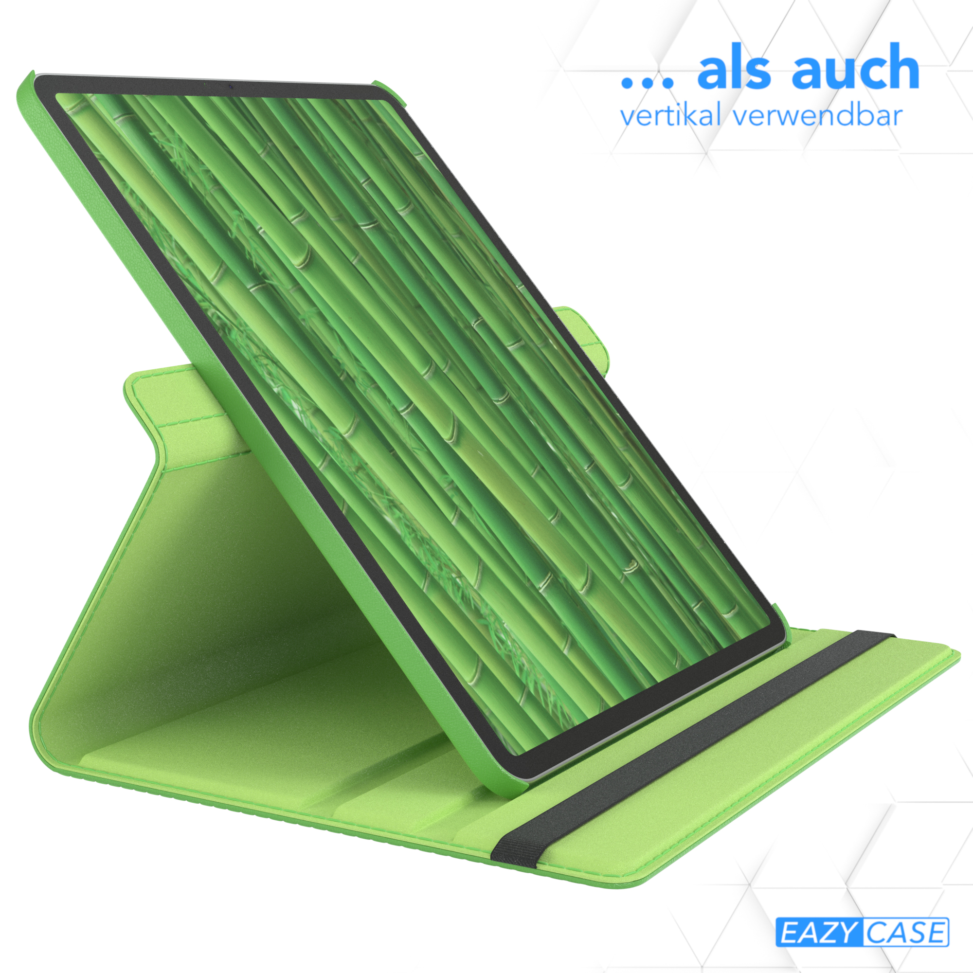 Ein Tablet in einer grünen Hülle, das einen vertikalen Anzeigemodus zeigt.
