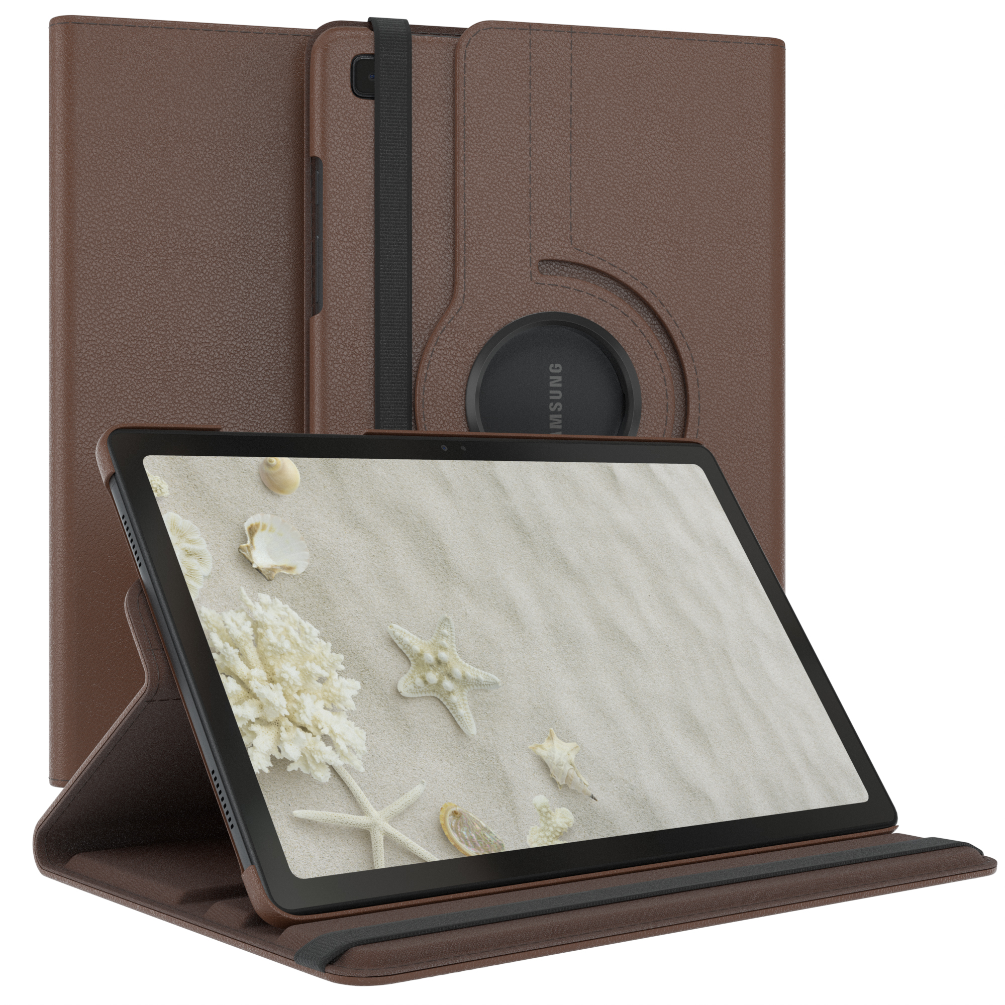 Tablet in einer braunen Hülle. Das Tablet zeigt ein Bild mit Seesternen auf Sand. Die Hülle ist braun.