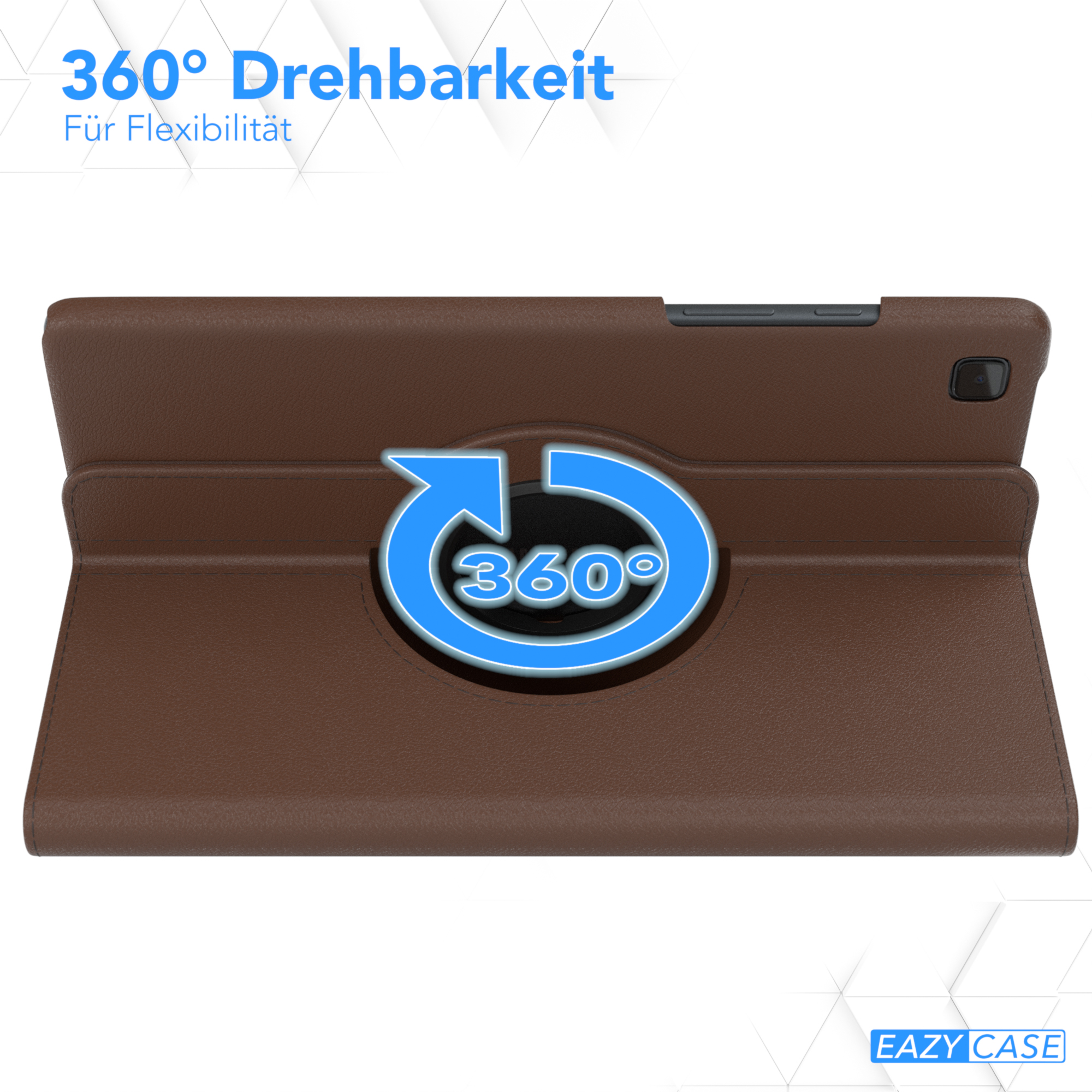 Braune Tablet-Hülle mit 360-Grad-Drehsymbol.