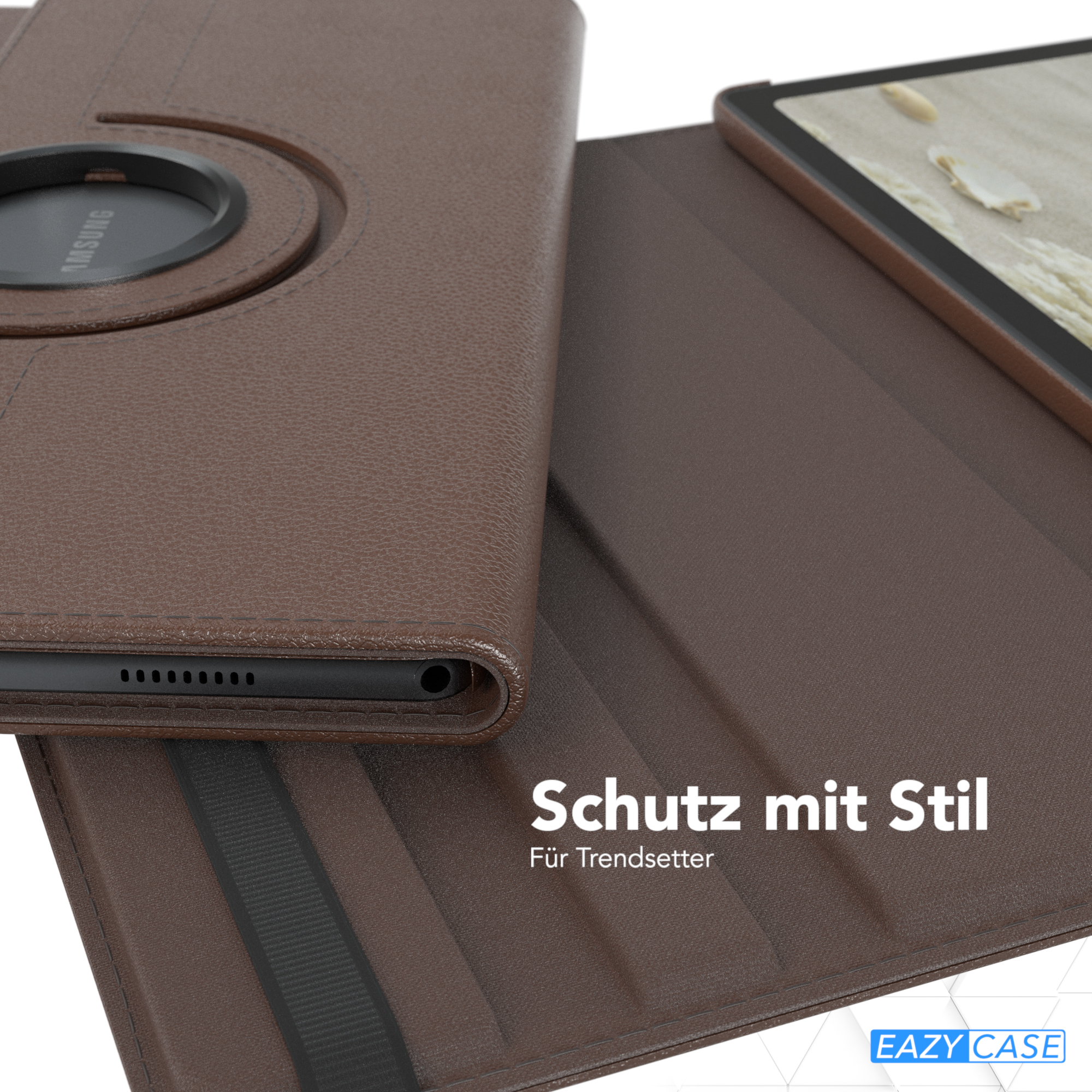 Braune Tablethülle, geöffnet. Text: 'Schutz mit Stil, Für Trendsetter'. Schwarzes Band sichtbar.