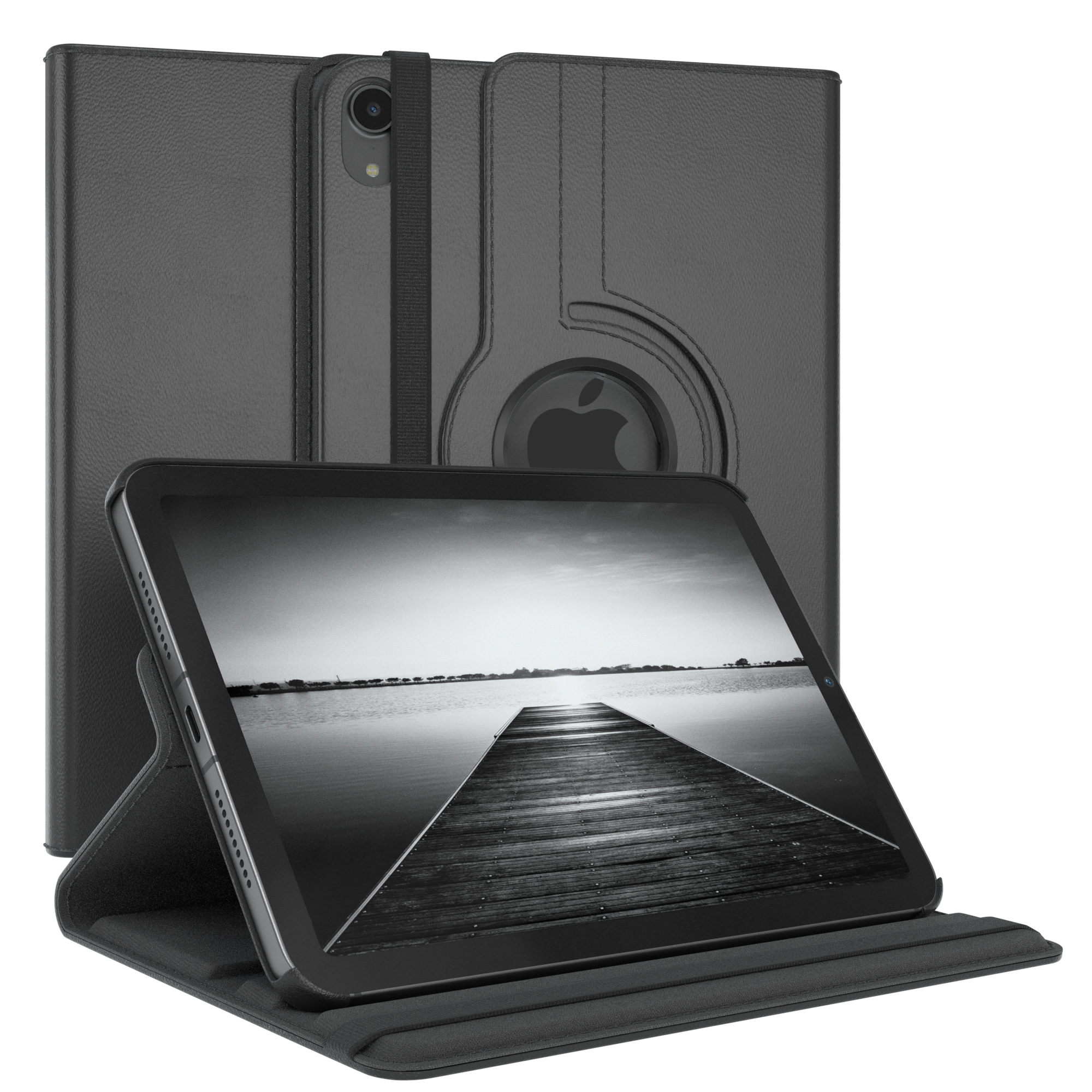 Tablet in schwarzer Hülle, Stift befestigt. Schwarz-Weiß-Dock-Bild auf dem Bildschirm. Weißer Hintergrund.