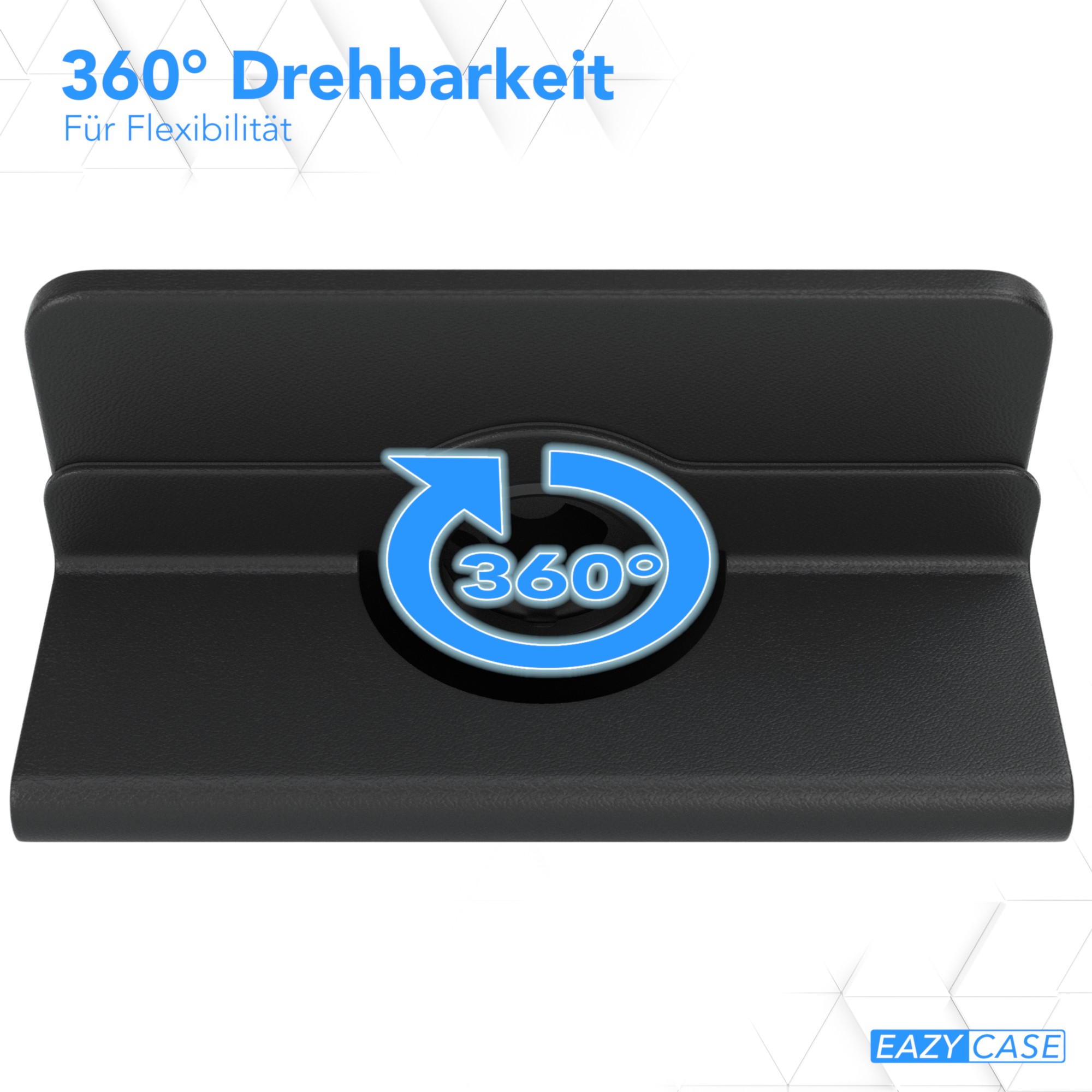 Schwarze Tablethülle. Text: 360° Drehbarkeit Für Flexibilität. Blaues 360°-Pfeillogo.