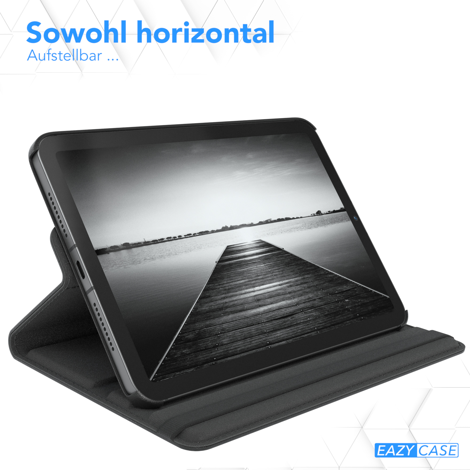 Schwarzes iPad in einer Hülle. Ein iPad befindet sich in einer schwarzen Hülle und steht aufrecht.