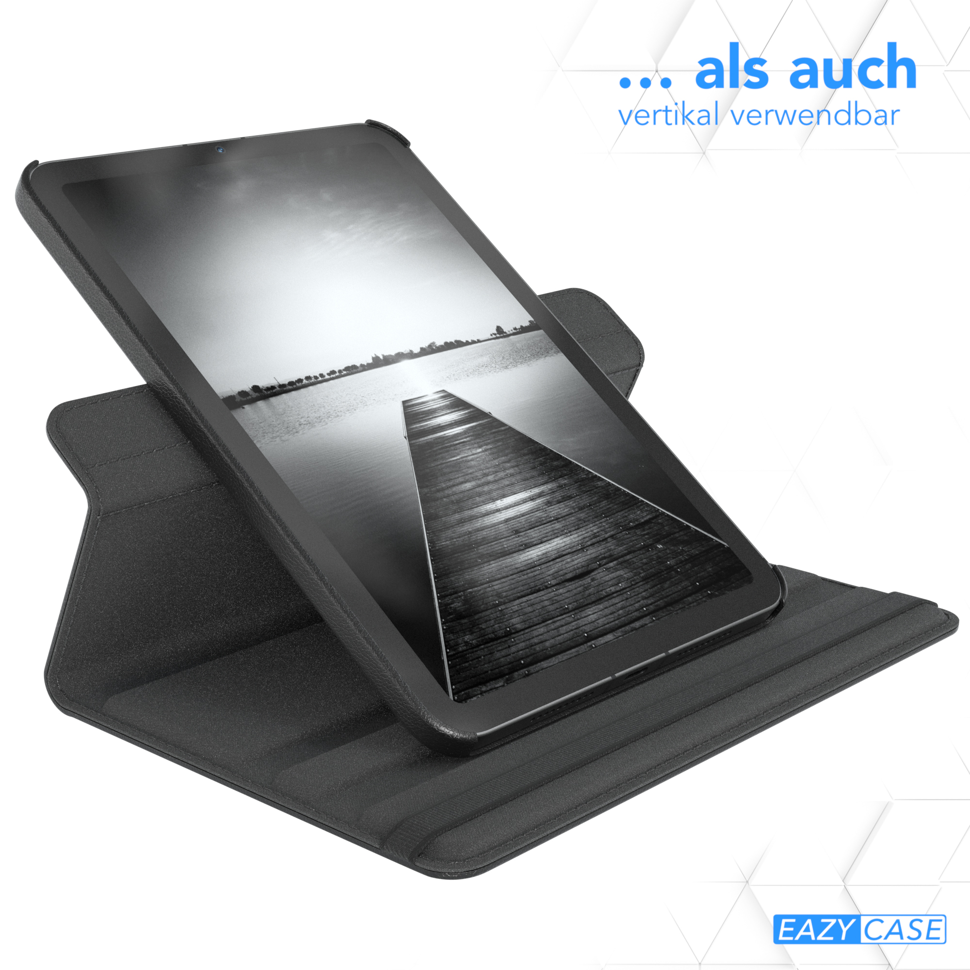 Schwarzes Tablet in schwarzem Gehäuse, aufrecht stehend.