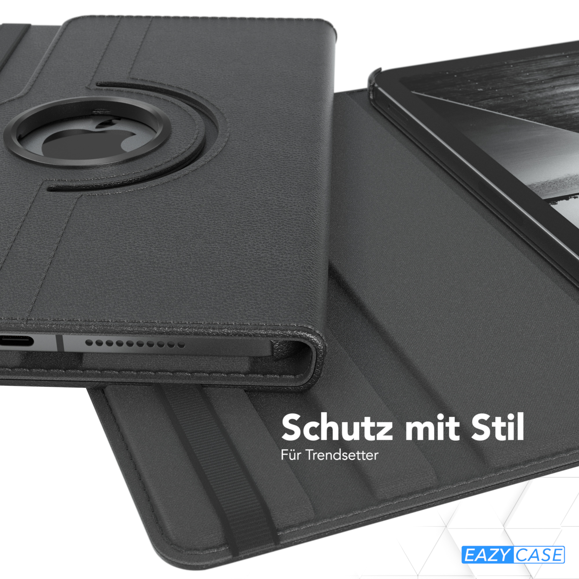 Schwarze Tablethülle mit Drehscharnier und Tablet, Nahaufnahme.