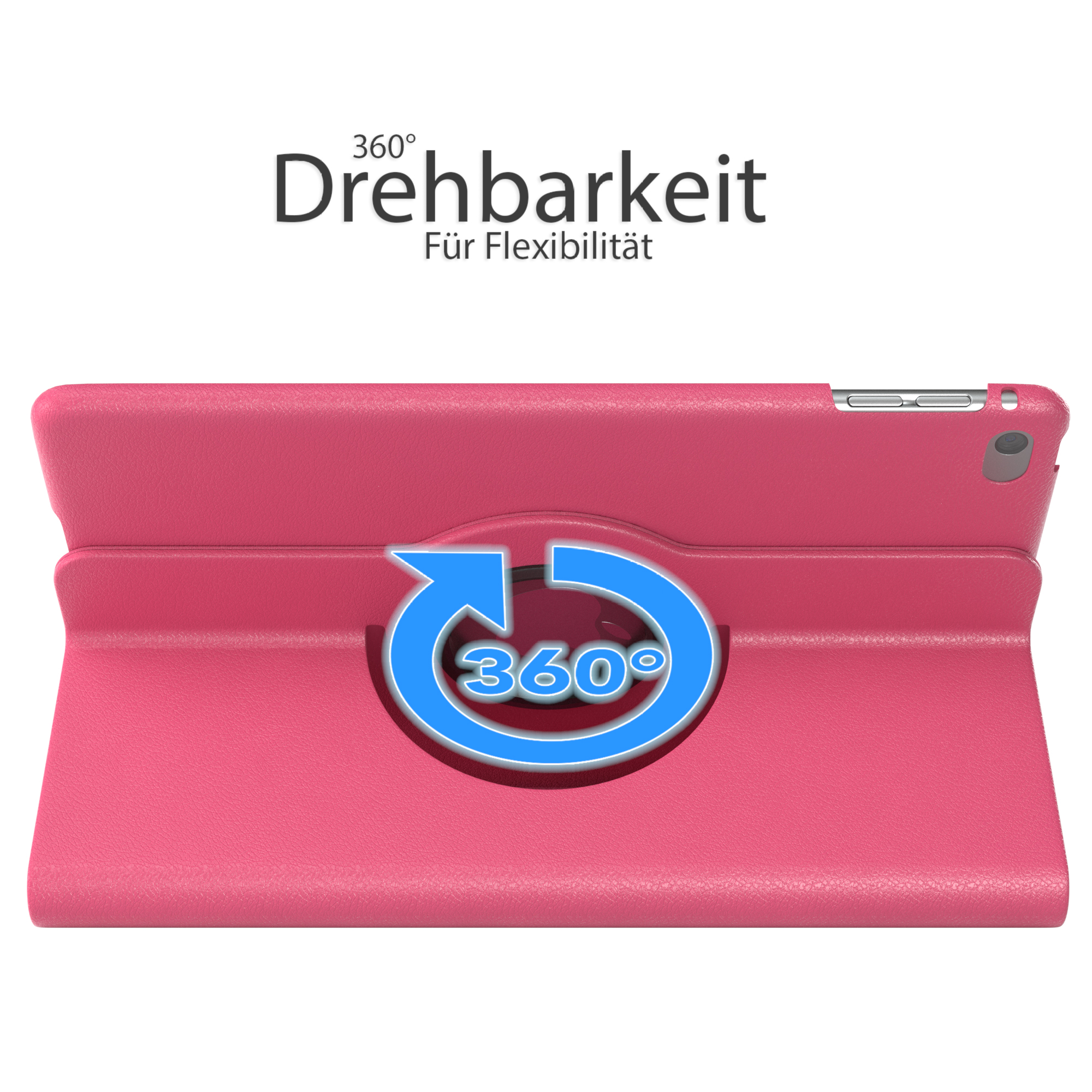 Rosa Tablet-Hülle mit 360-Grad-Pfeil. Text: 360° Drehbarkeit für Flexibilität.
