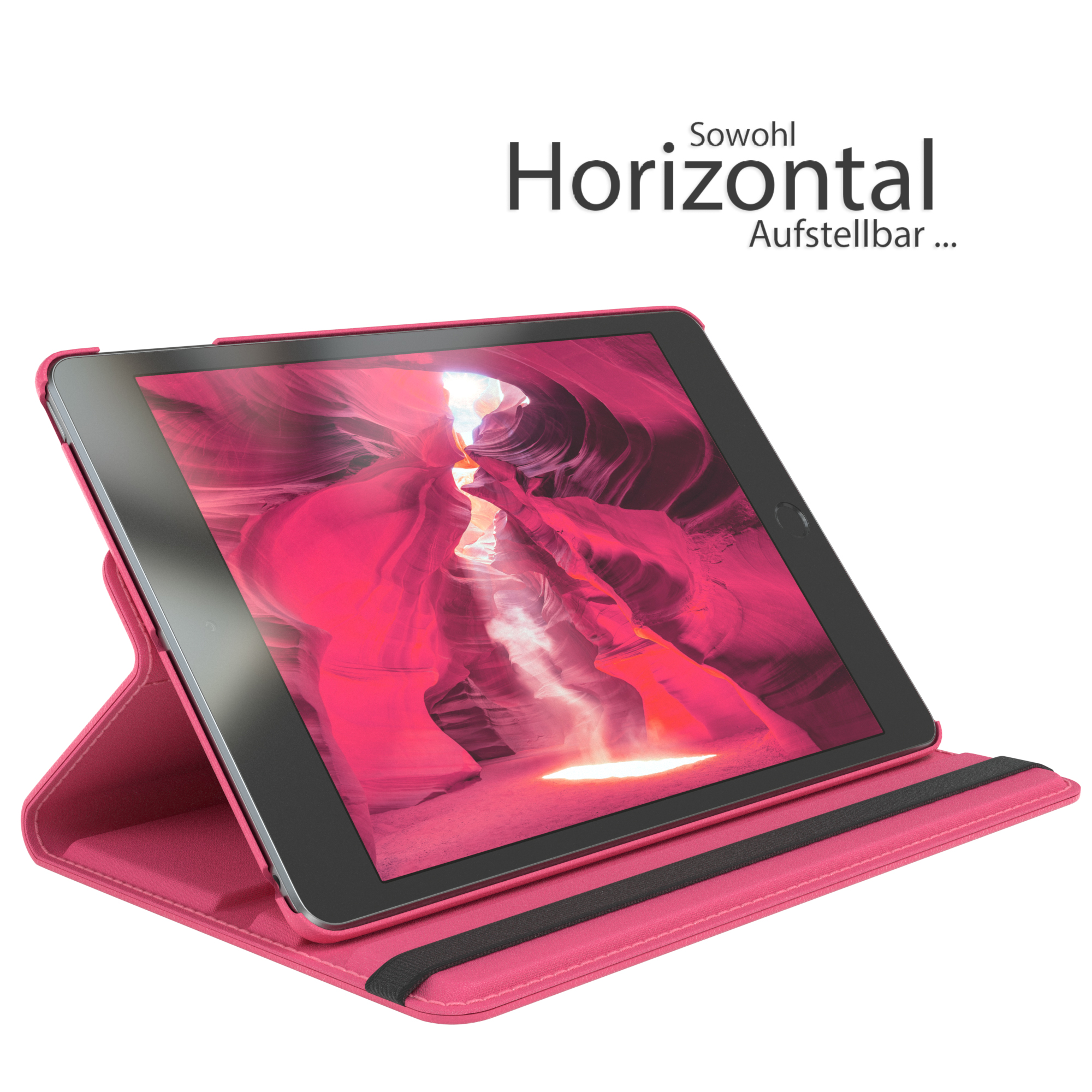 Rosa Tablet-Hülle mit rotem Canyon-Bild auf dem Bildschirm.