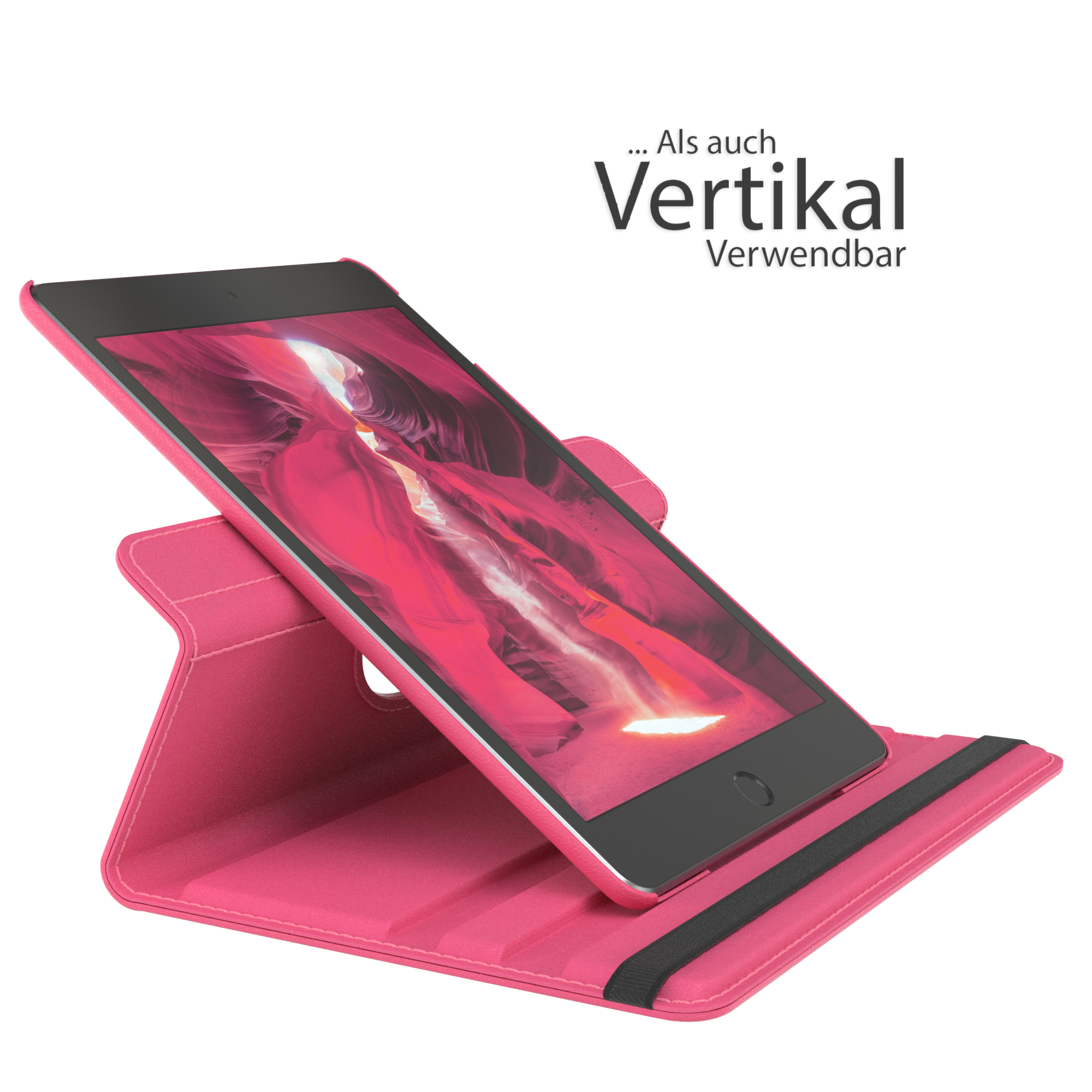 Eine pinke Tablethülle mit einem Tablet darin, hochgestellt. Text: ...als auch Vertikal verwendbar.