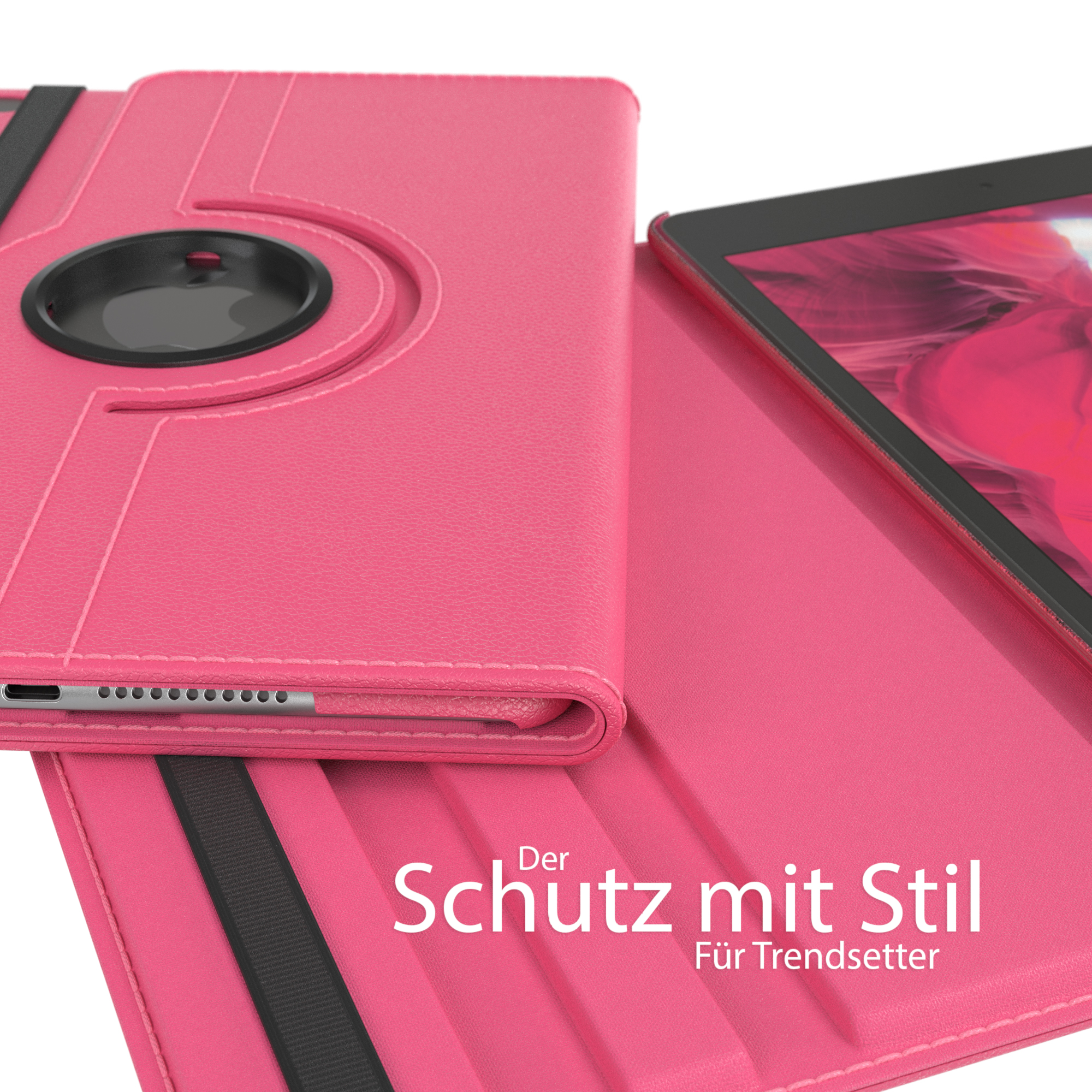 Rosa Tablethülle mit Tablet, schwarzem Band und Details.