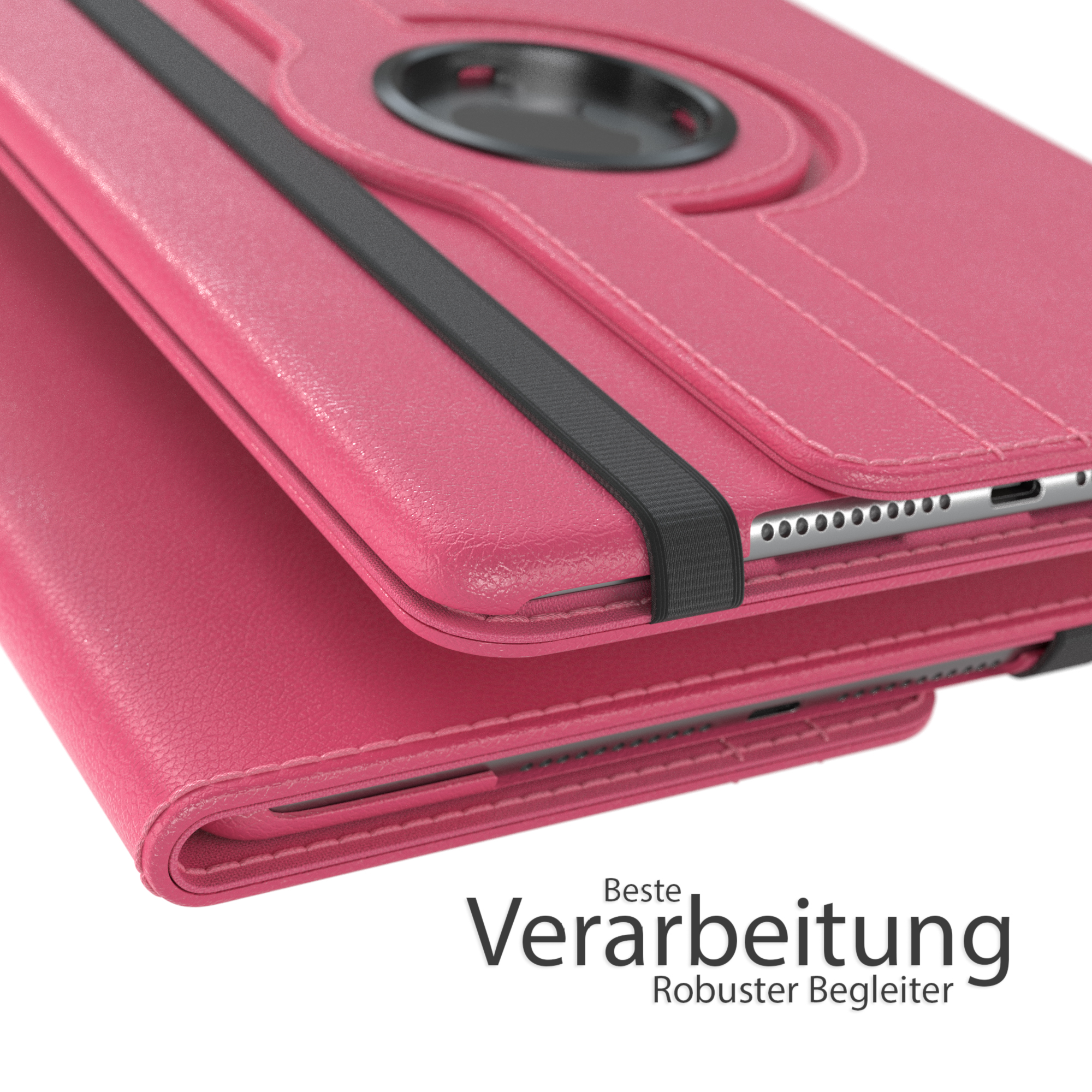 Rosa Tablethülle mit schwarzem Riemen, aufgeklappt. Text sagt 'Beste Verarbeitung'.