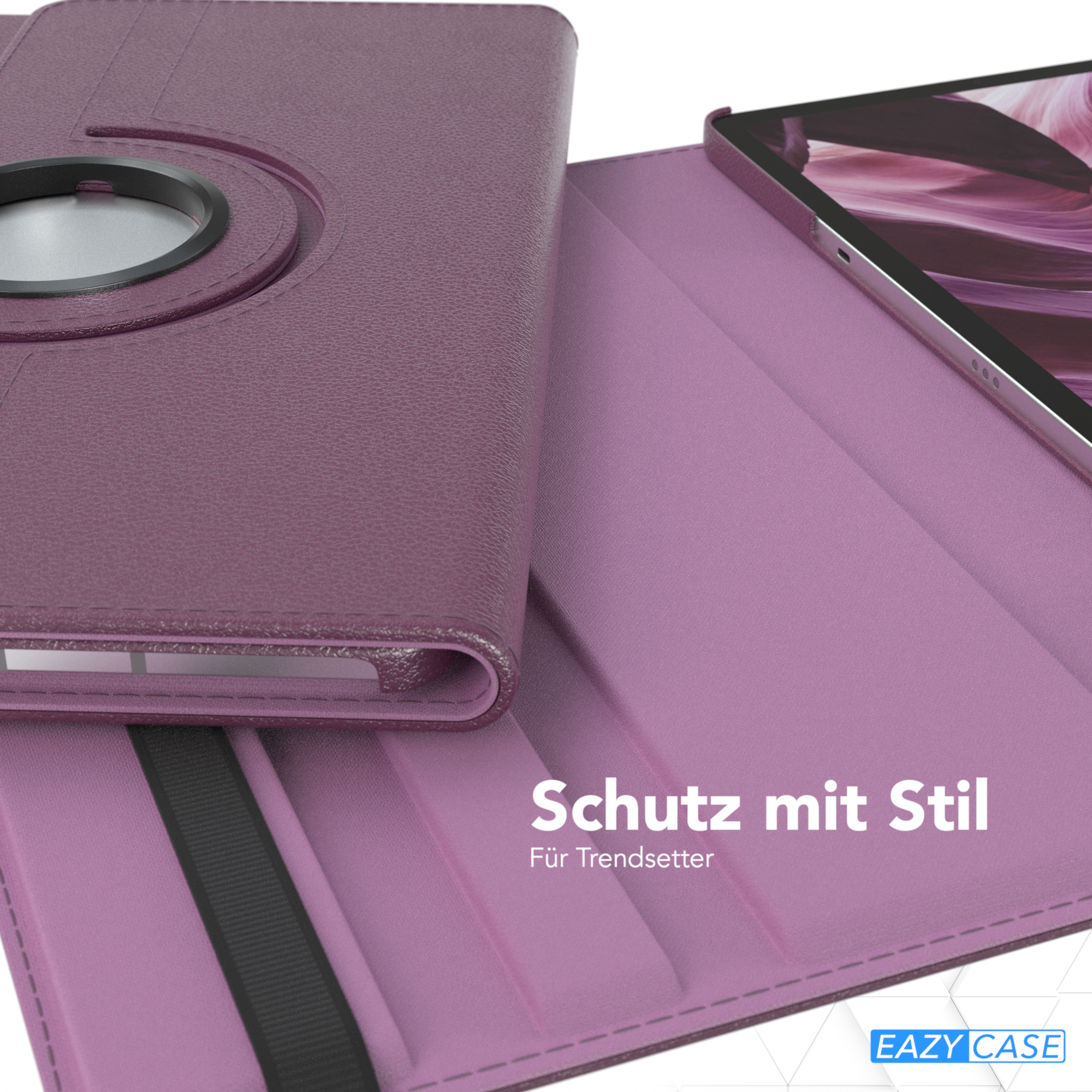 Geöffnete lila Tablet-Hülle mit Tablet. Text Schutz mit Stil.