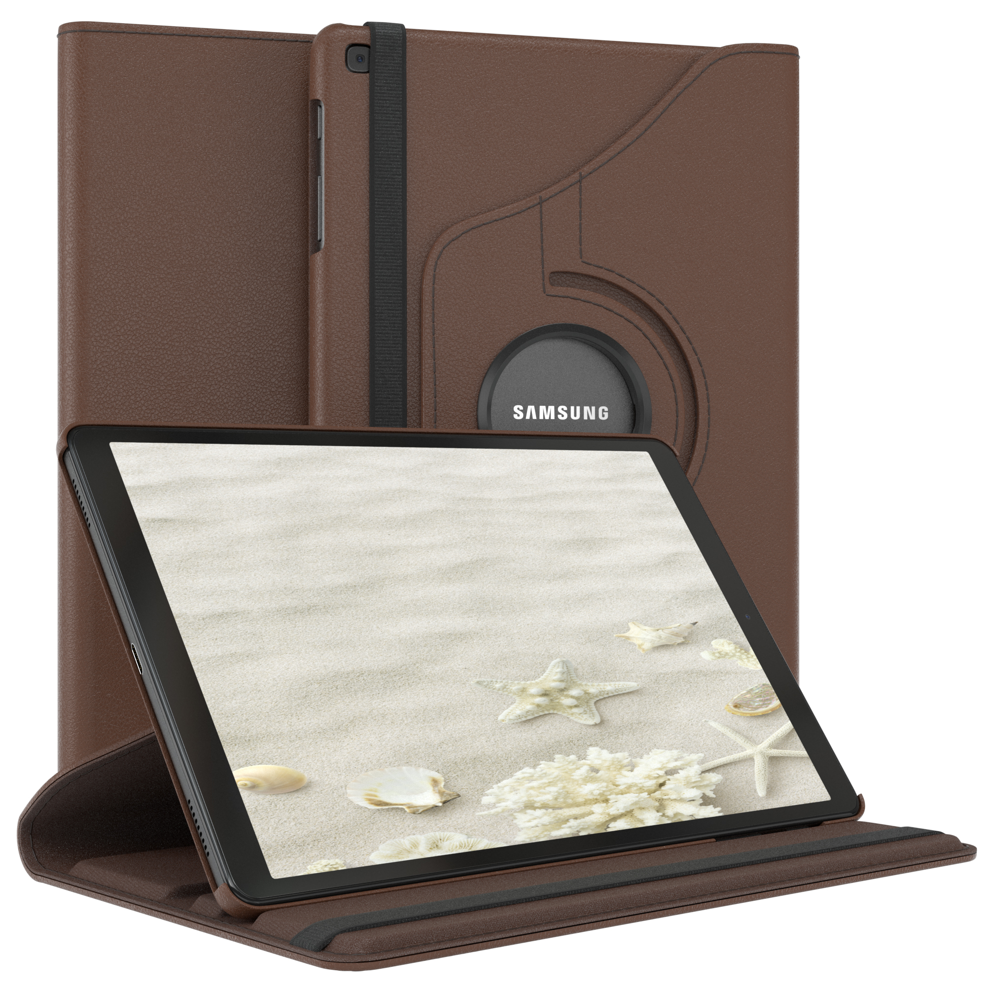 Ein braunes Tablet in einer braunen Hülle, der Bildschirm zeigt einen Strand, Samsung-Logo.