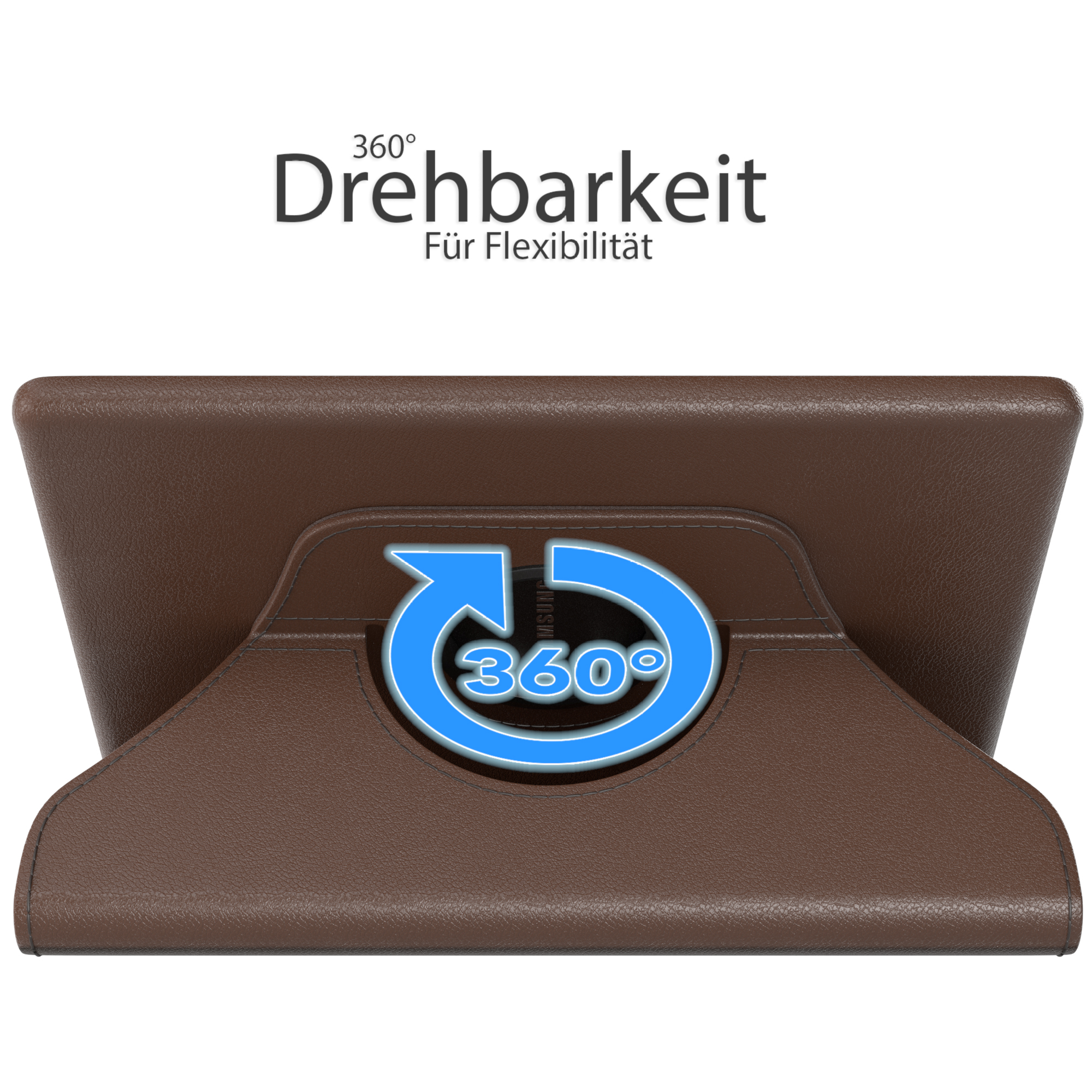 Brauner Tablet-Ständer mit 360-Grad-Drehung, mit Text 'Drehbarkeit Für Flexibilität'.