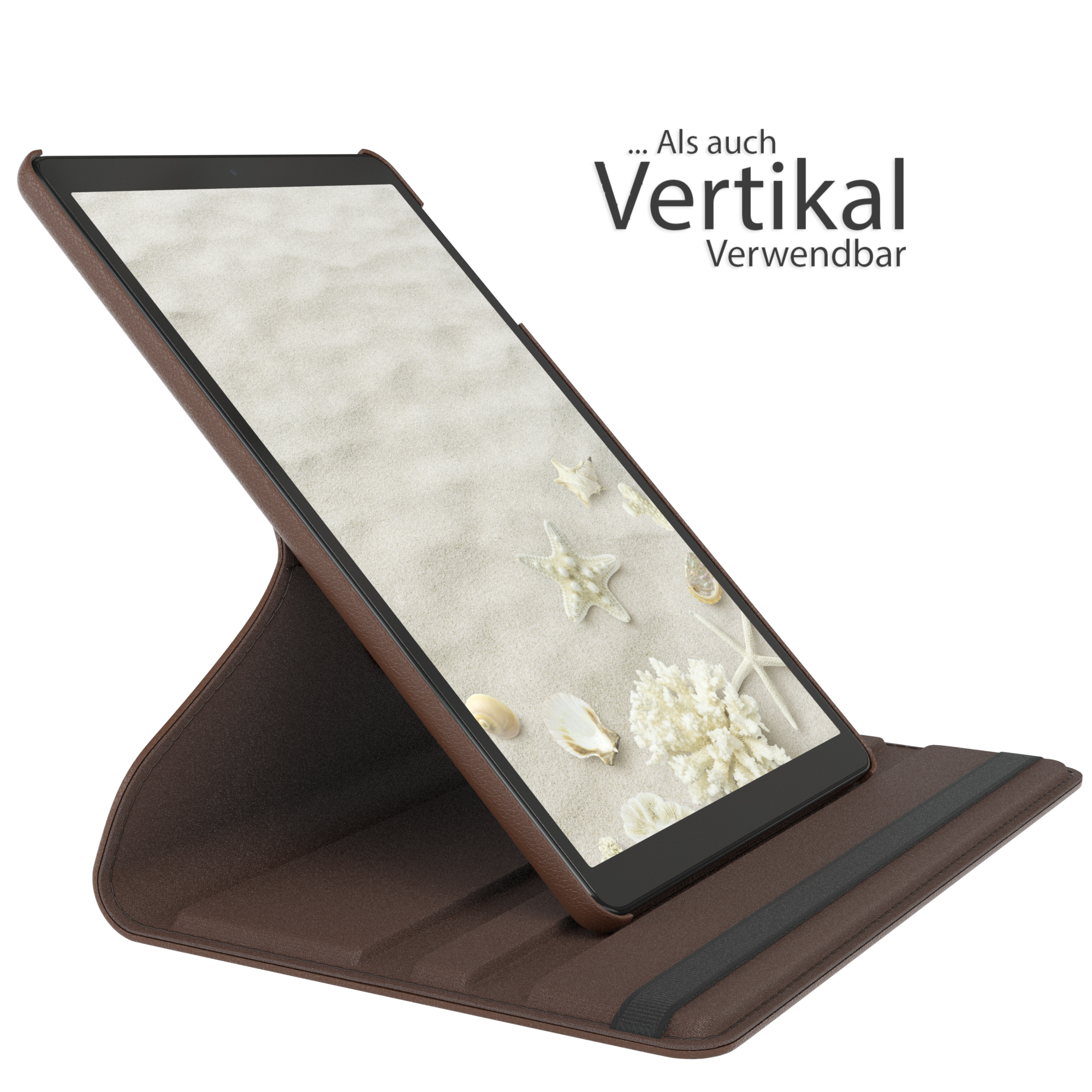 Tablet in braunem Ständer, Bildschirm zeigt Strand mit Muscheln und Seesternen.
