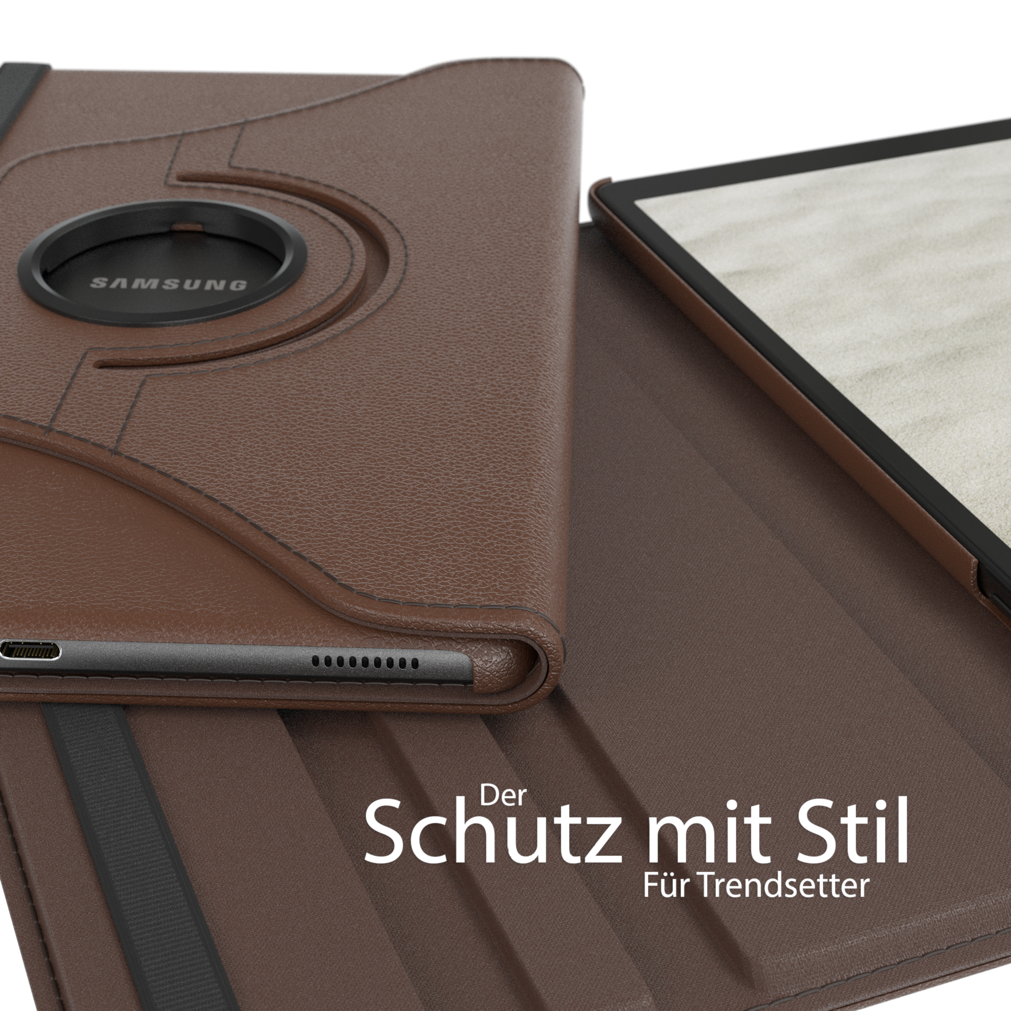 Braune Tablet-Hülle offen, Innenseite zeigend. Text: 'Der Schutz mit Stil'.