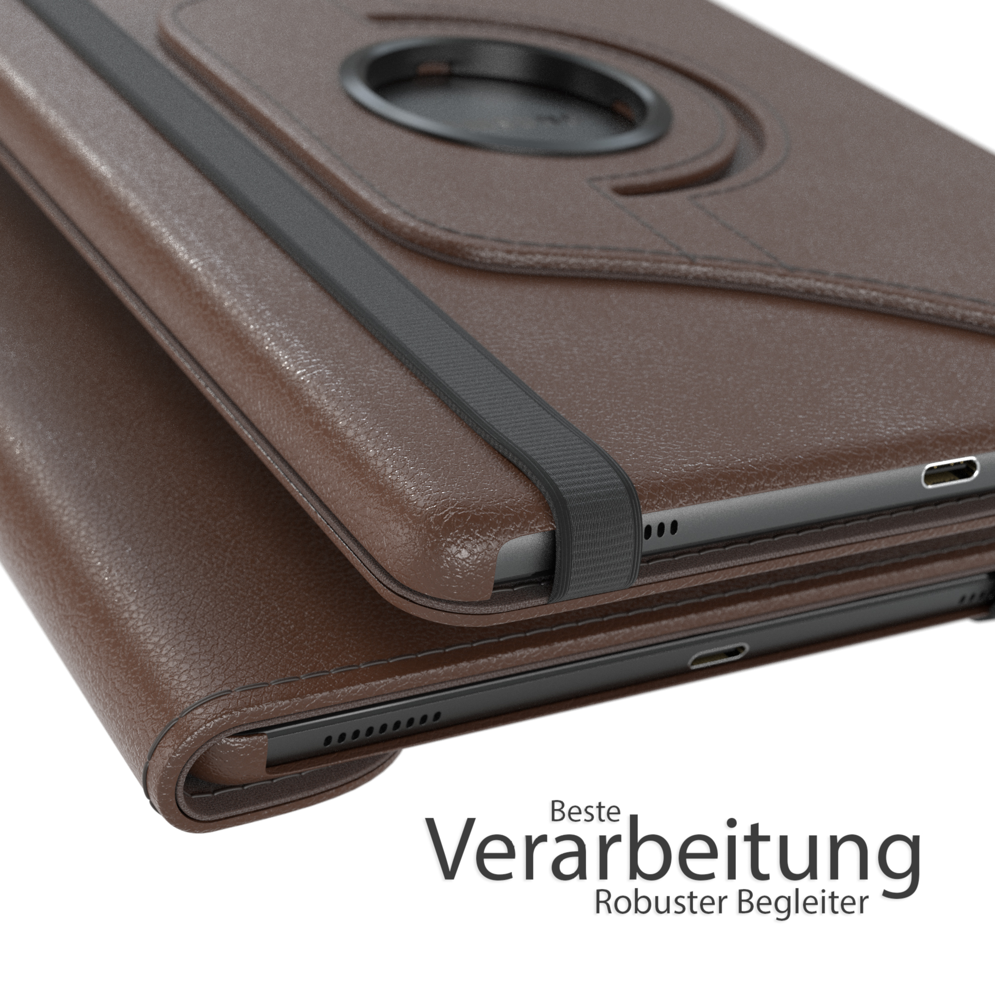 Nahaufnahme des braunen Tablet-Cases. Detailansicht. Das Case hat einen Drehmechanismus.