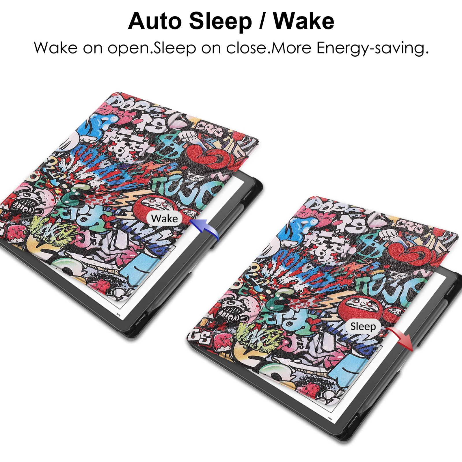 Tablethüllen geöffnet, Graffiti-Kunst zeigend. Text: 'Auto Sleep/Wake. Sleep on close. Wake on open'.