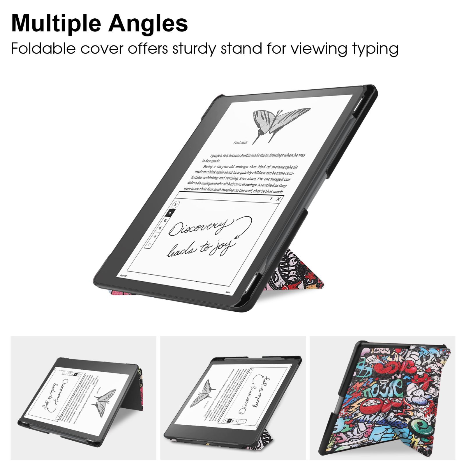 Tablet in einem Gehäuse aufgestellt, Text anzeigend. Drei weitere Winkel der Tablet-Hülle werden gezeigt.