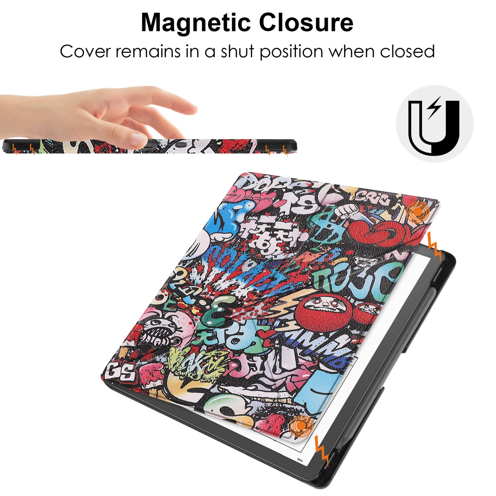 Tablethülle mit Graffiti-Kunst. Hand berührt geschlossene Hülle. Magnetverschluss.