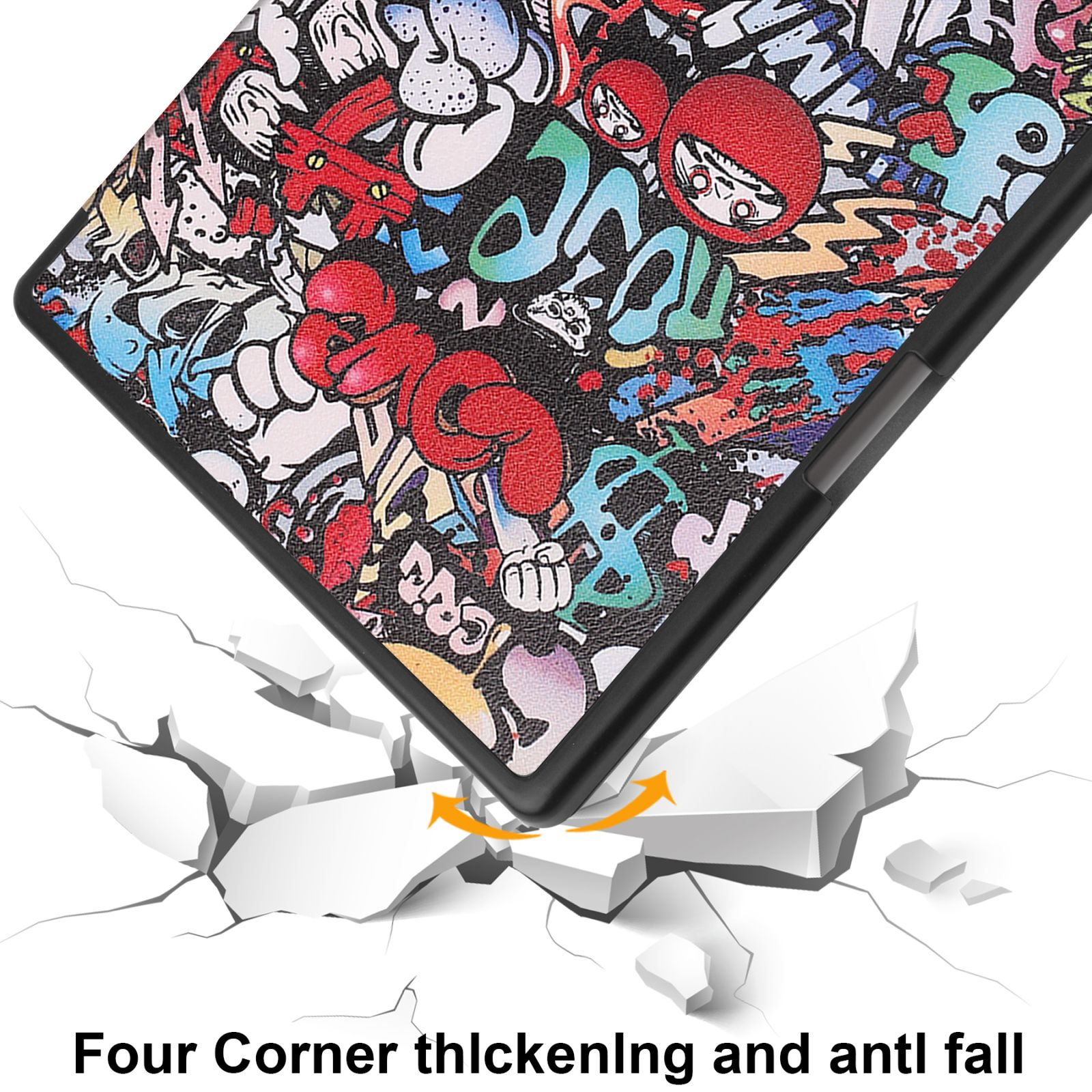Tablet-Hülle mit Graffiti-Design, rissige Oberfläche mit Pfeilen, Text: Four Corner thickening and anti fall.