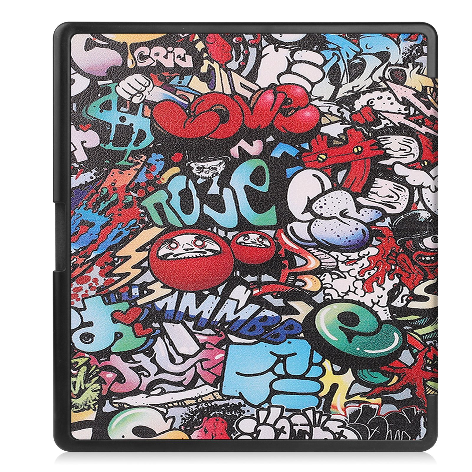 Eine bunte Hülle mit Graffiti-Kunst. Die Hülle ist schwarz und hat viele verschiedene Farben.