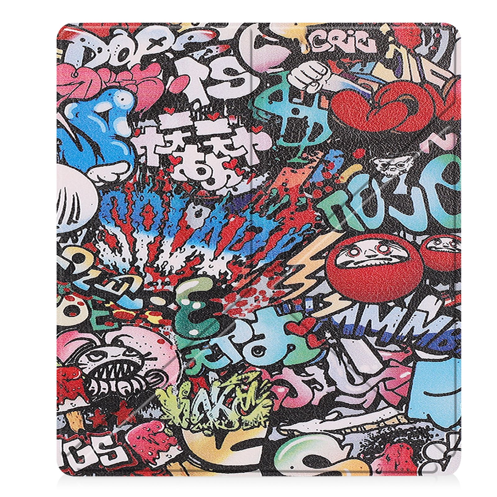 Eine Tablet-Hülle mit einem lebendigen Graffiti-Design. Die Hülle ist geschlossen.