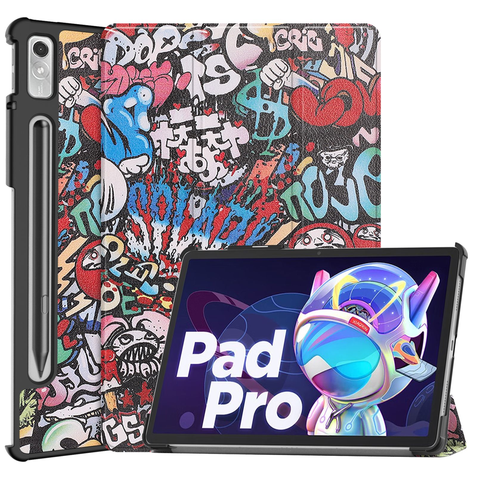 Eine Tablet-Hülle mit bunter Graffiti-Kunst und ein Tablet mit einem digitalen Weltraumbild.