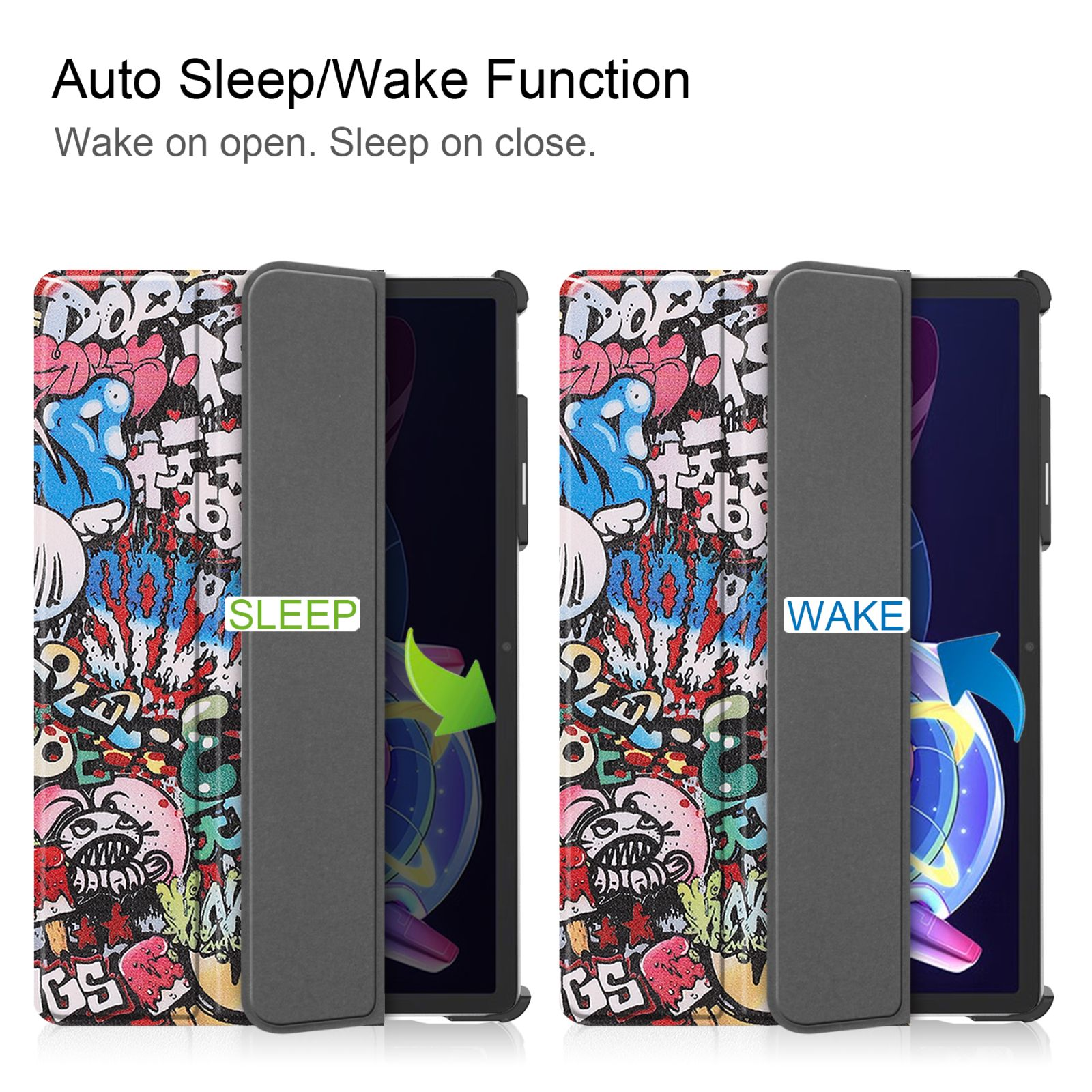 Zwei Tablet-Hüllen mit Graffiti-Kunst, eine geschlossen, eine offen. Text sagt 'Sleep' und 'Wake'.