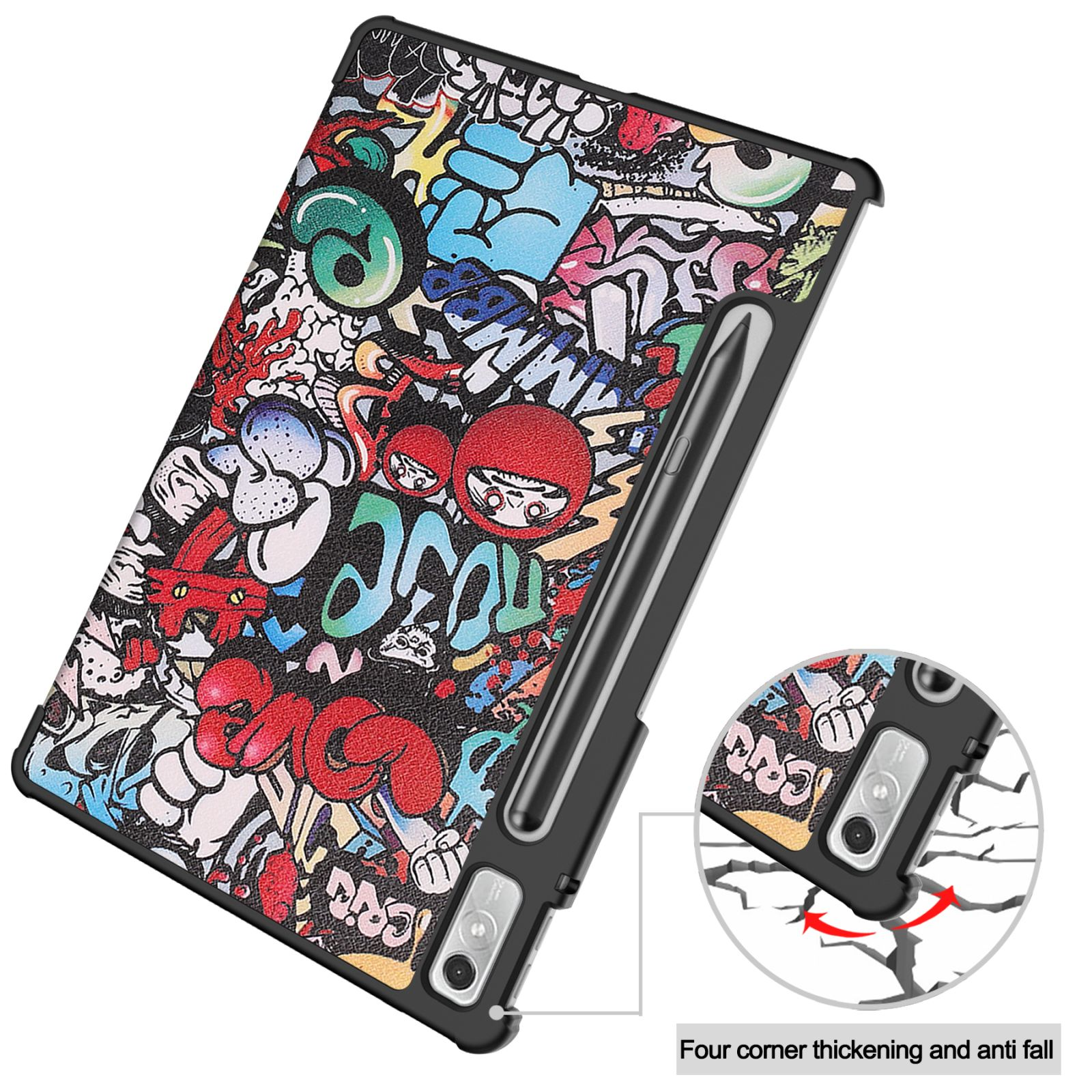 Tablet-Hülle mit Graffiti-Kunst. Die Hülle ist schwarz, mit Stiftschacht und Aufprallschutz.