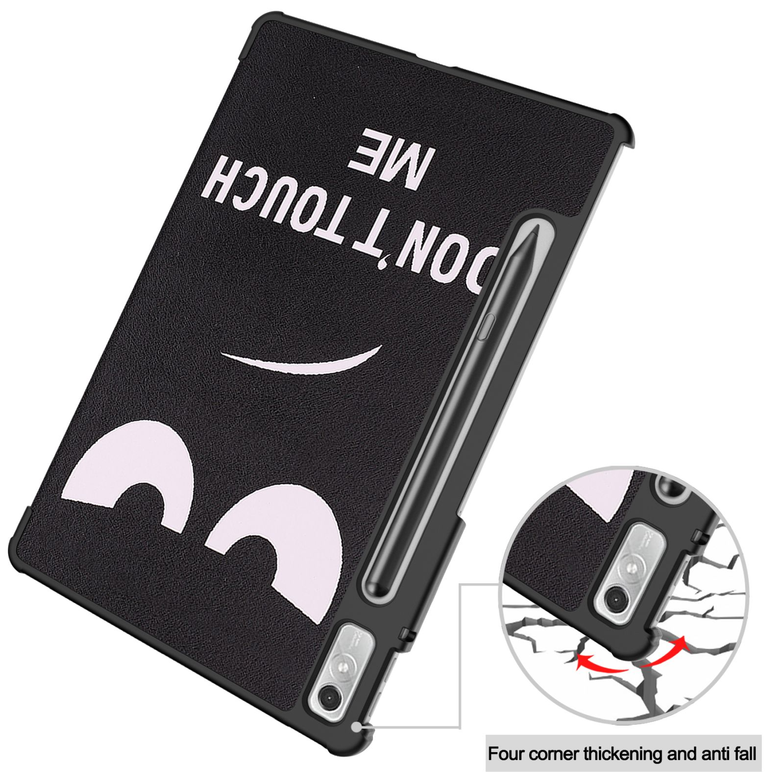 Eine schwarze Tablethülle mit Gesicht und Text 'DON'T TOUCH ME'. Es gibt einen Stift darin. Die Ecken sind verstärkt.