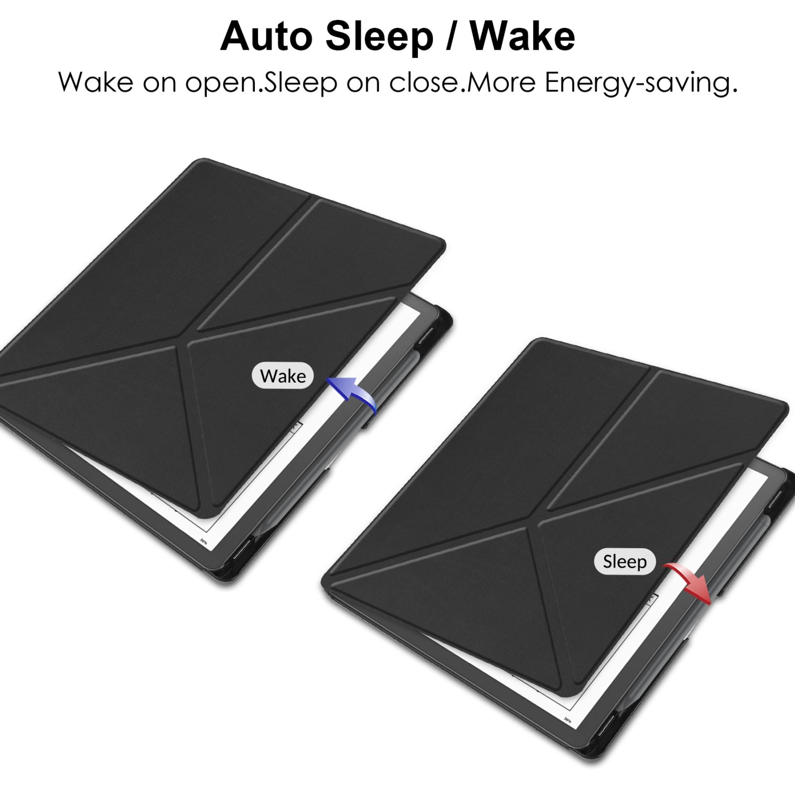 Zwei schwarze Tablet-Hüllen, eine offen, eine geschlossen. Pfeile kennzeichnen die Öffnungs-/Schließfunktion. Text: Auto Sleep/Wake.