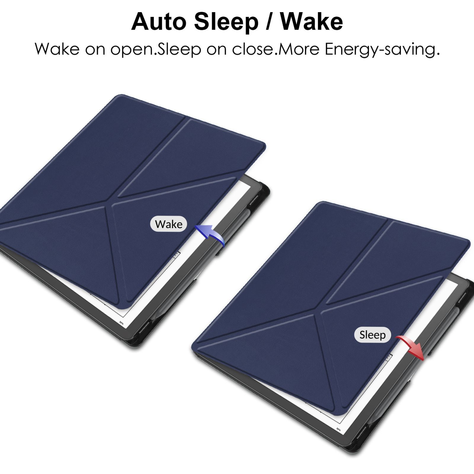 Zwei offene Tablets mit blauen Hüllen. Eines mit 'Wake' und Pfeil. Das andere mit 'Sleep' und Pfeil.